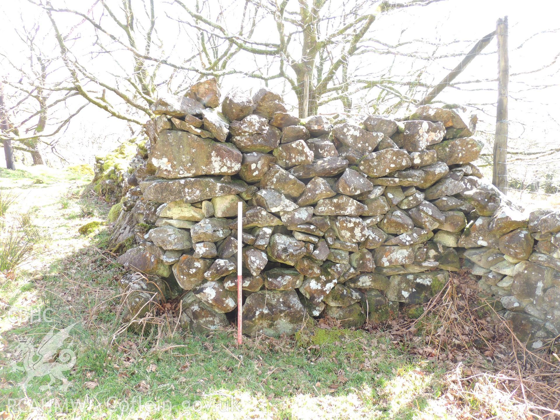 'Remains of structure, possibly sheep fold. Looking north west.' Photographed as part of desk based assessment and heritage impact assessment of a hydro scheme on the Afon Croesor, Brondanw Estate, Gwynedd. Produced by Archaeology Wales, 2018.