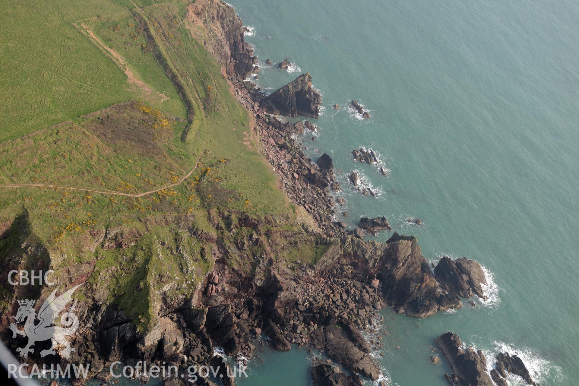 Aerial photography of Little Castle Point taken on 27th March 2017. Baseline aerial reconnaissance survey for the CHERISH Project. ? Crown: CHERISH PROJECT 2017. Produced with EU funds through the Ireland Wales Co-operation Programme 2014-2020. All material made freely available through the Open Government Licence.