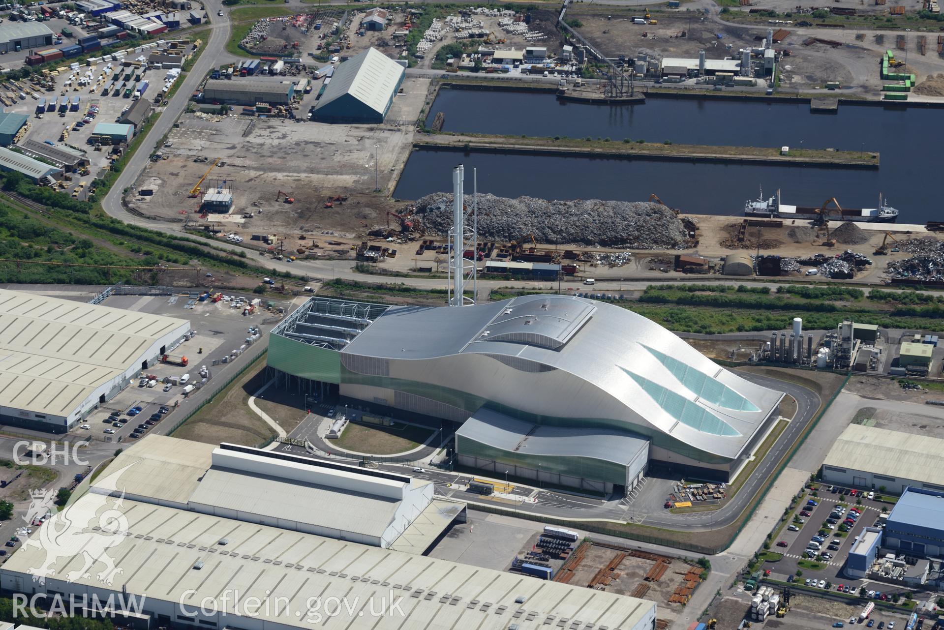 Cardiff Energy Recovery Facility and Roath Docks at Cardiff Docks, Cardiff Bay. Oblique aerial photograph taken during the Royal Commission's programme of archaeological aerial reconnaissance by Toby Driver on 29th June 2015.