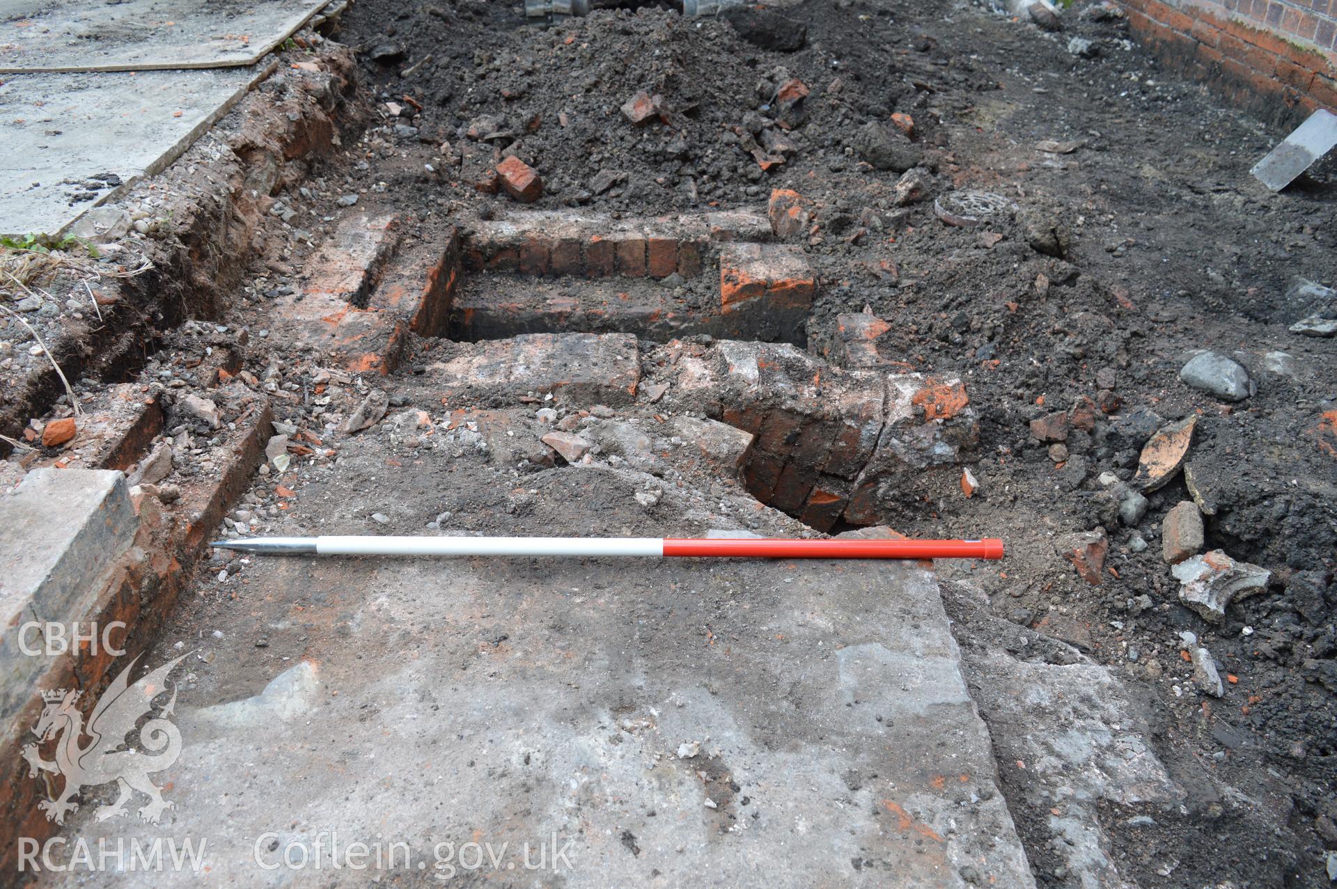 Digital colour photograph showing view from the north east of building 1. Photographed as part of CPAT Project 2351: 2 Severn Street, Welshpool, Powys - Archaeological Watching Brief, 2019. Report no. 1663.