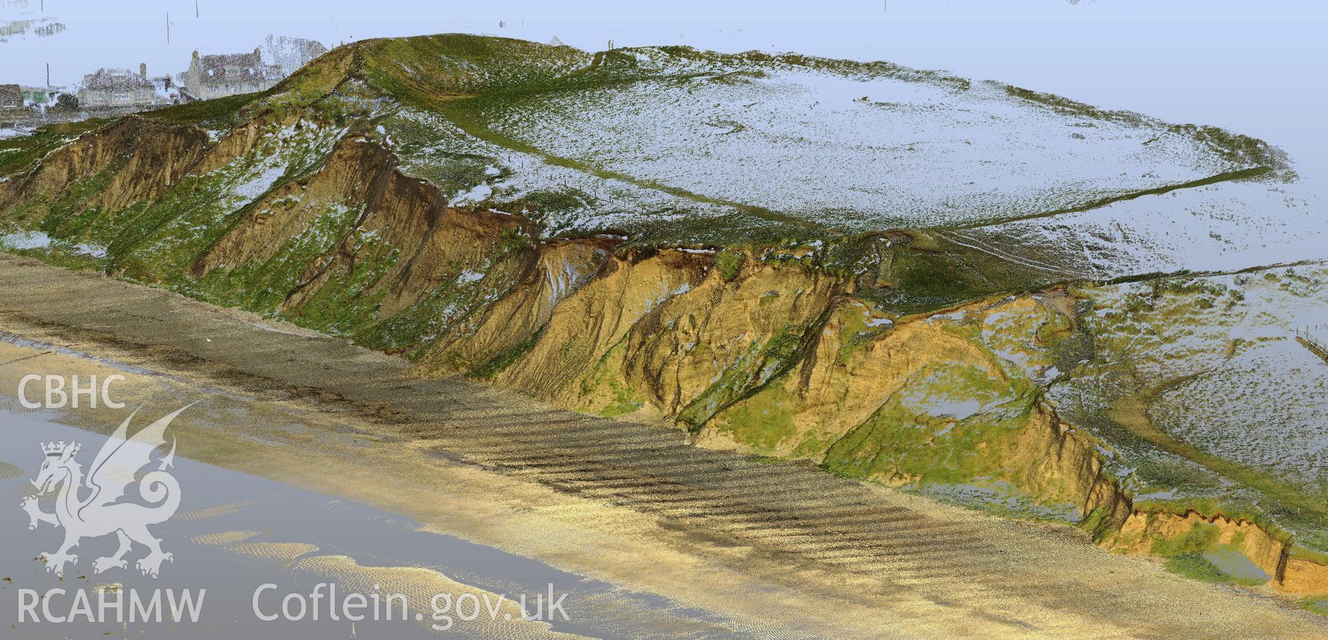 Dinas Dinlle. General view from the south-west showing 3D laser scanning point cloud of the cliff face to monitor erosion, June 2018, completed using a FARO Focus 3D scanner for the CHERISH Project.