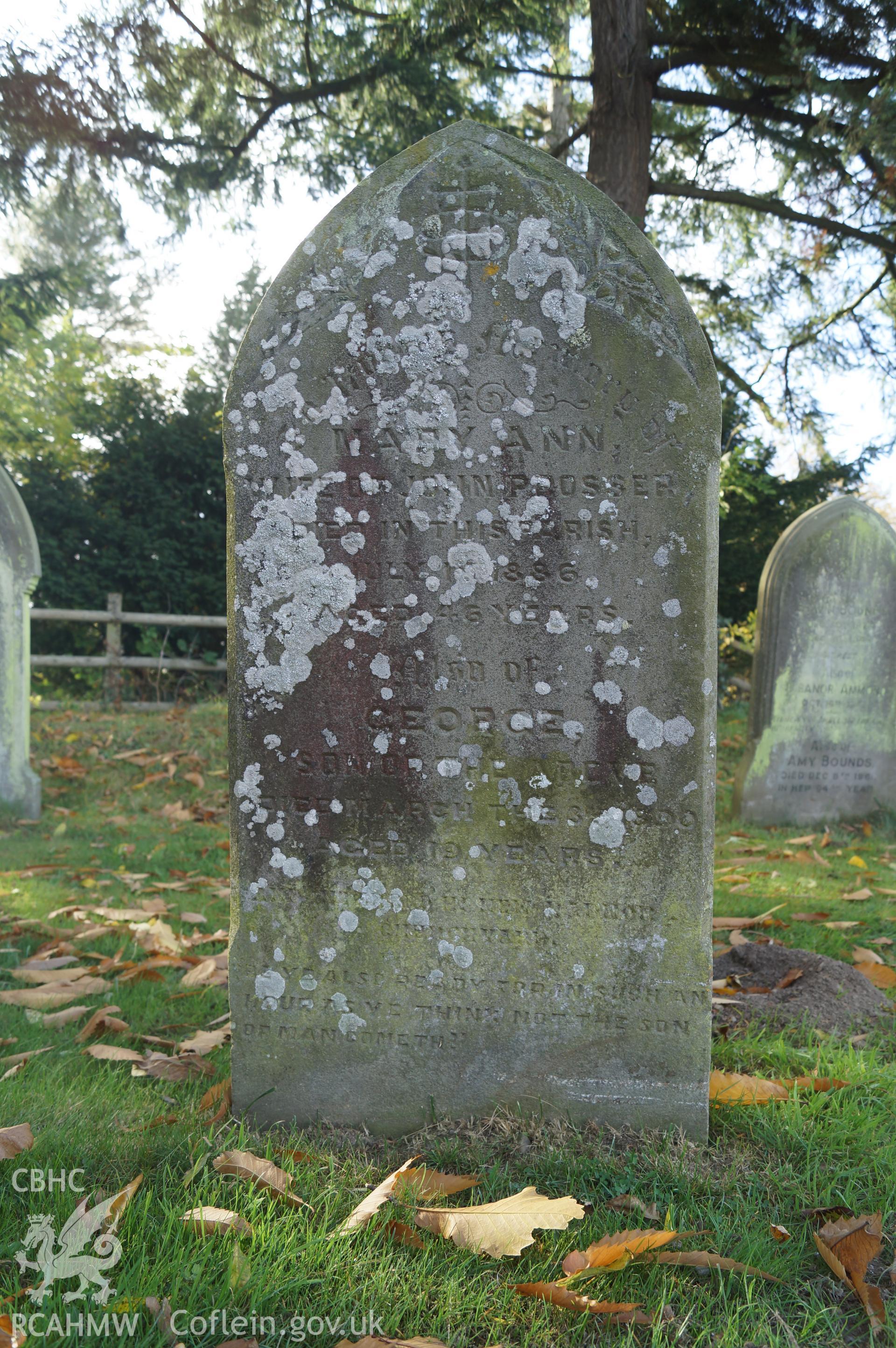 View 'looking west at a gravestone' at St. Mary's, Gladestry, Powys. Photograph & description by Jenny Hall and Paul Sambrook of Trysor, 16th October 2017.