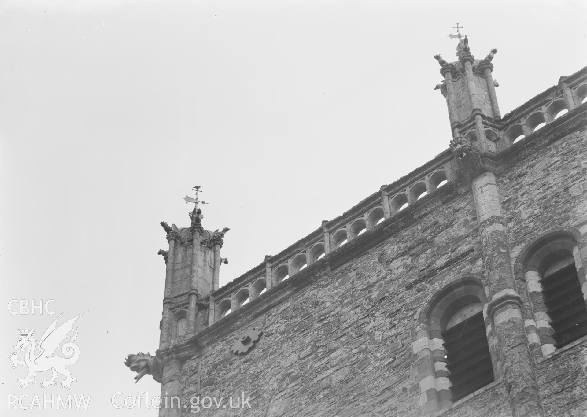 Digital copy of a black and white acetate negative showing exterior view of tower at St. David's Cathedral, taken by E.W. Lovegrove, July 1936.