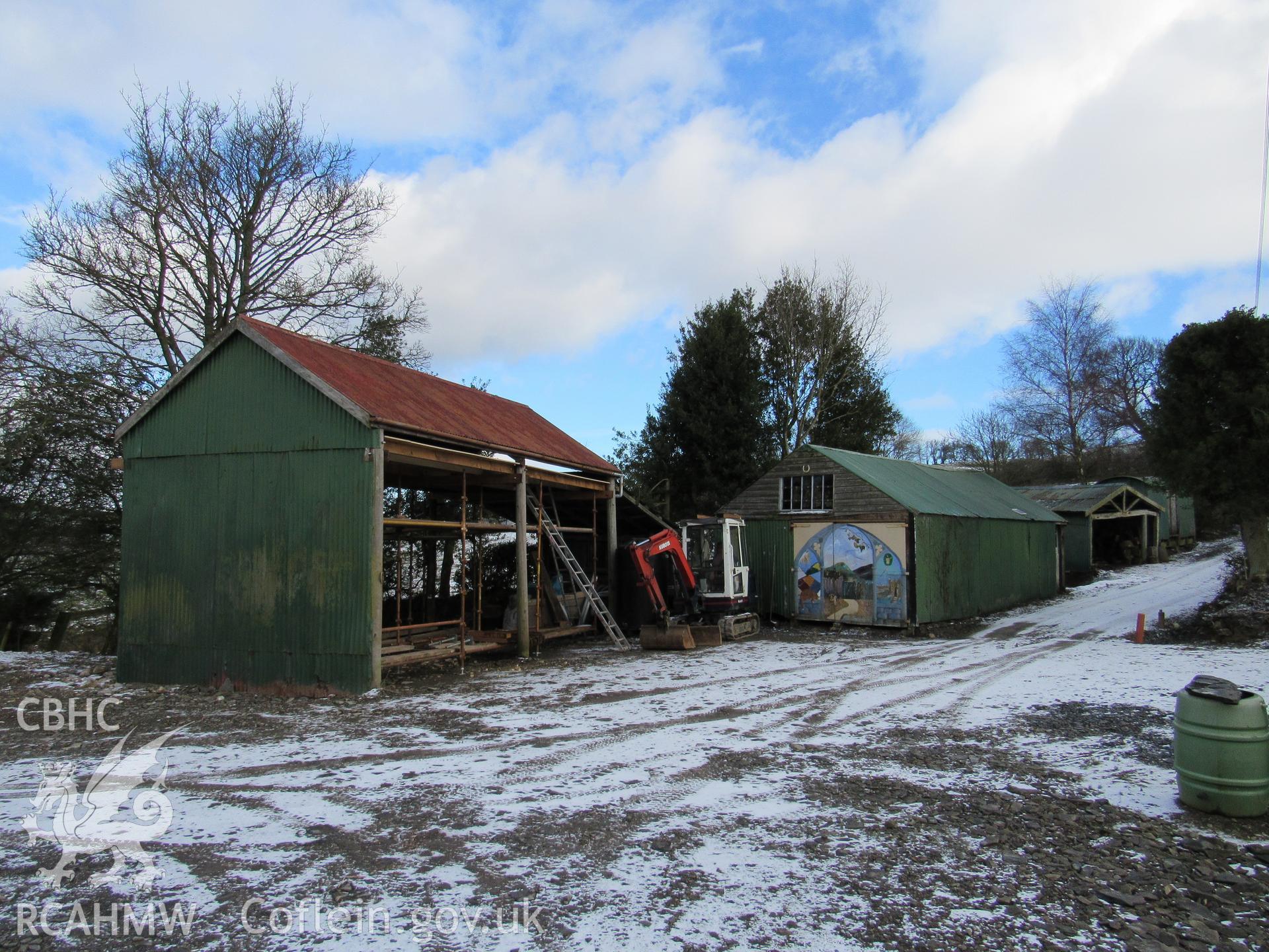 Outbuildings on the track, view east. Photographs as part of archaeological building recording conducted at Bryn Ysguboriau, Llanelidan, Denbighshire, carried out by Archaeology Wales, 2018. Project no. P2587.