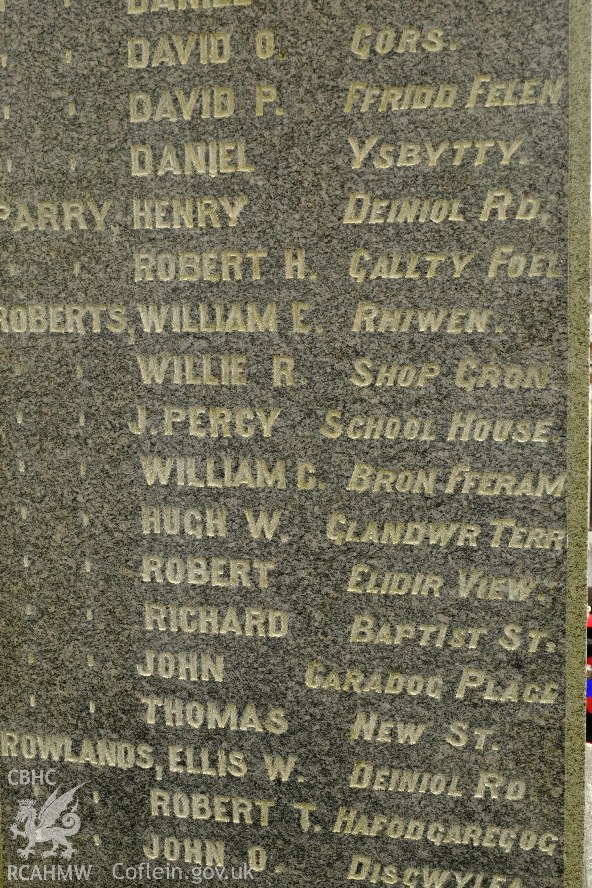 Colour photograph showing detail of the roll call on the war memorial outside Carnegie Library, Deiniolen, produced by Richard Hayman 7th March 2017