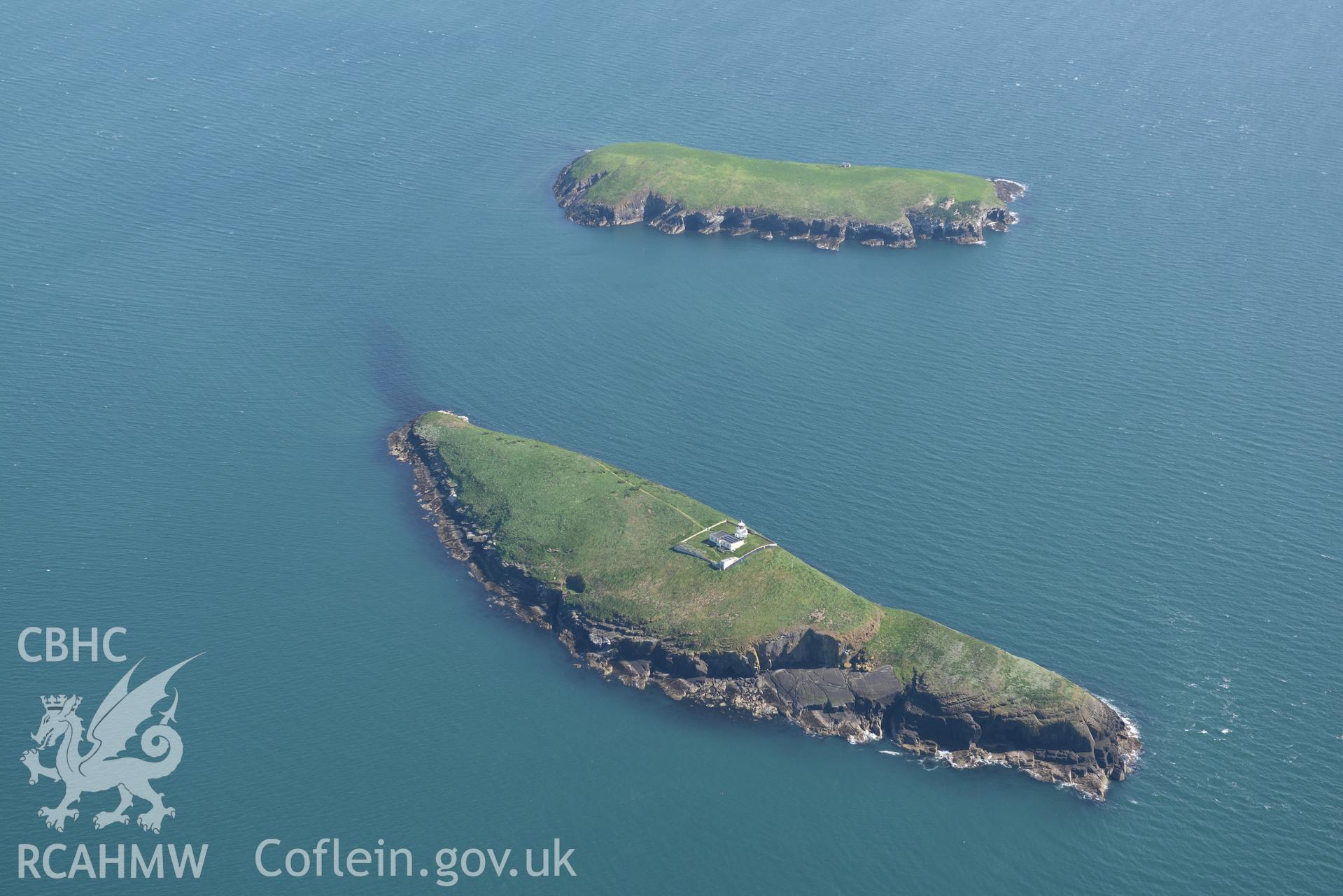 Aerial photography of The Tudwal's Islands taken on 3rd May 2017.  Baseline aerial reconnaissance survey for the CHERISH Project. ? Crown: CHERISH PROJECT 2017. Produced with EU funds through the Ireland Wales Co-operation Programme 2014-2020. All material made freely available through the Open Government Licence.