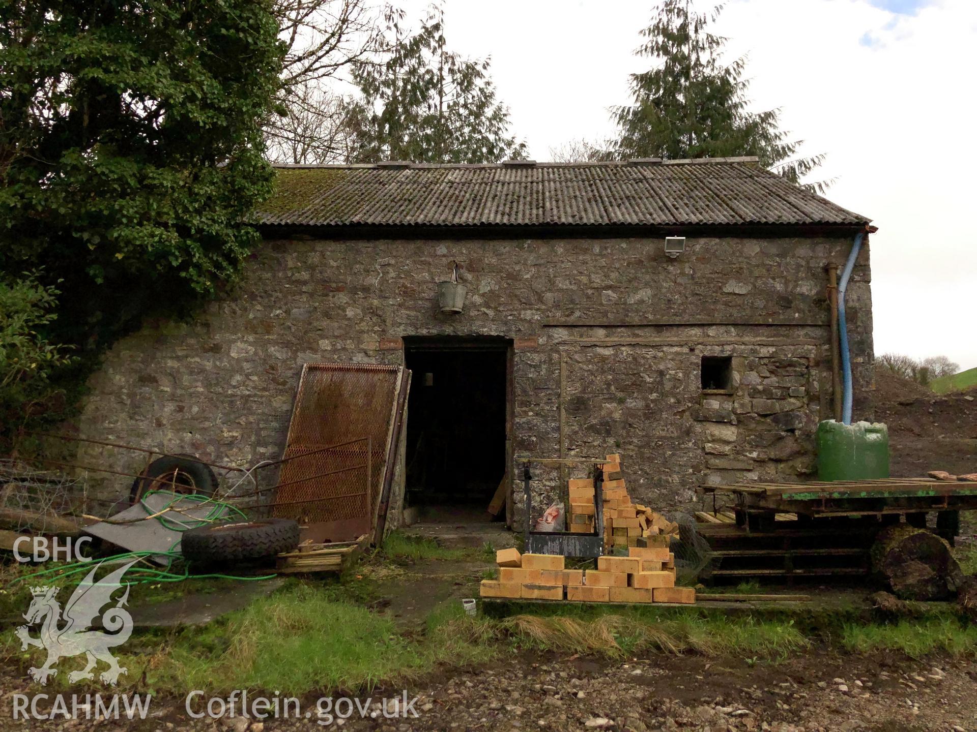 Photograph showing exterior front elevation of 'ale and pail barn,' at Pant-y-Castell, Maesybont, Photographed by Mark Waghorn to meet a condition attached to planning application.