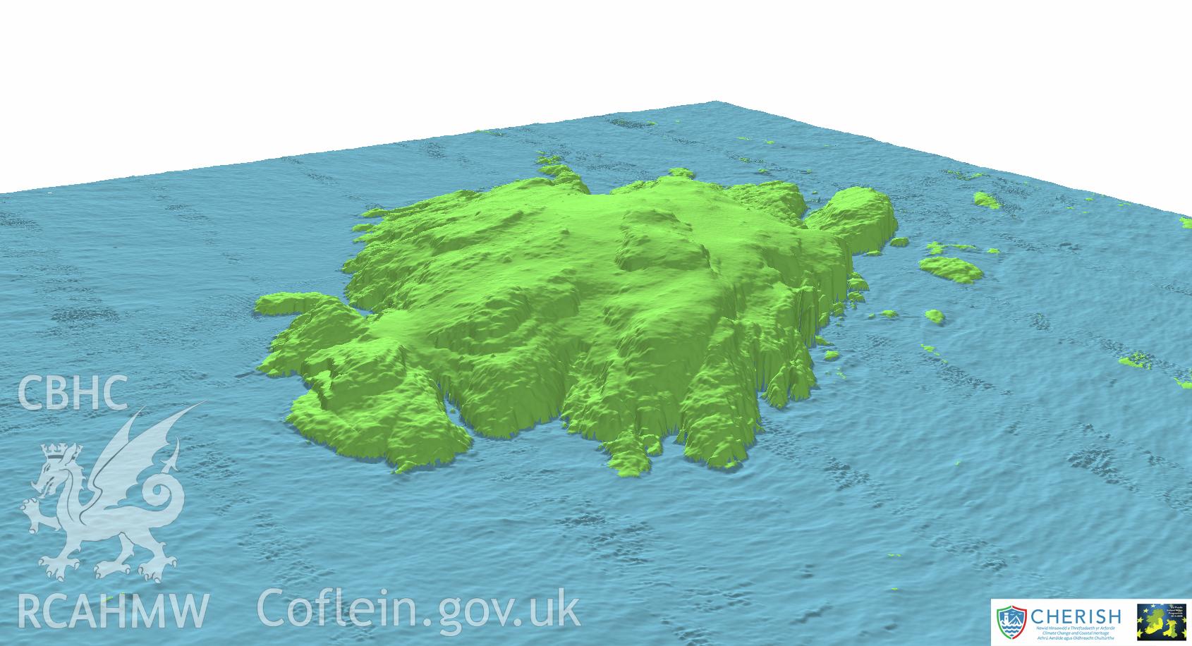 Ynys Gwales (Grassholm Island). Airborne laser scanning (LiDAR) commissioned by the CHERISH Project 2017-2021, flown by Bluesky International LTD at low tide on 24th February 2017. View showing Grassholm Island facing south.