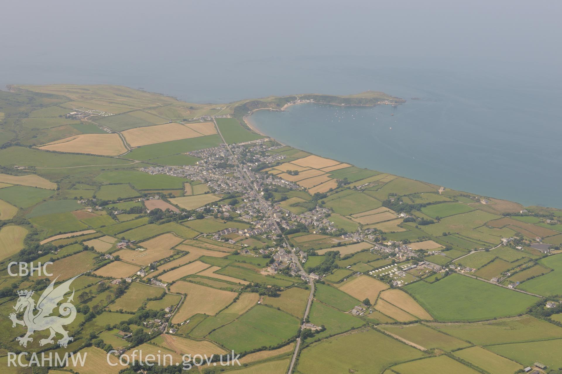 The village of Morfa Nefyn, on the northern coast of the Lleyn Peninsula. Oblique aerial photograph taken during the Royal Commission?s programme of archaeological aerial reconnaissance by Toby Driver on 12th July 2013.