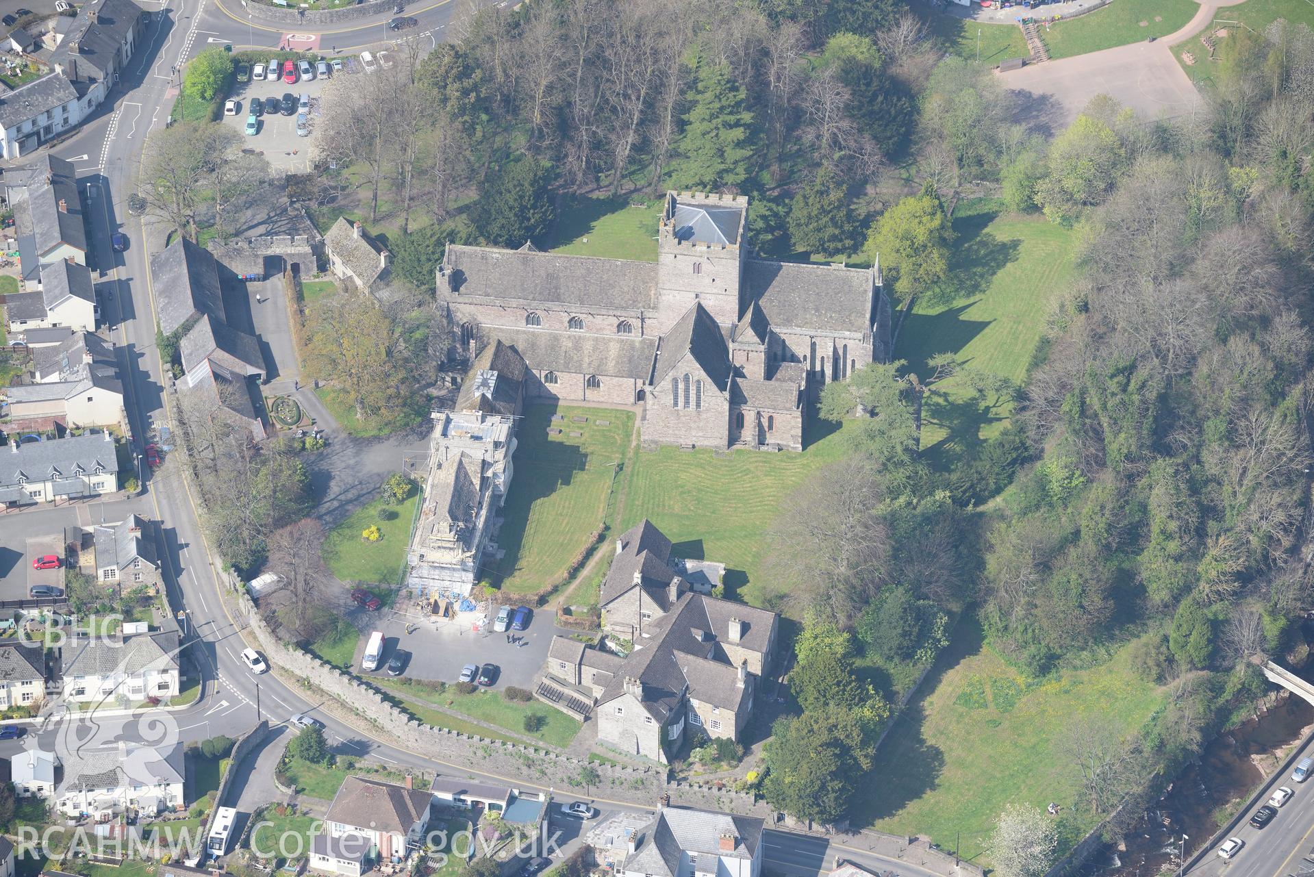 Brecon Cathedral, Canonry, Chapter House, Clergy House, Deanery, Priory and Almonry. Oblique aerial photograph taken during the Royal Commission's programme of archaeological aerial reconnaissance by Toby Driver on 21st April 2015
