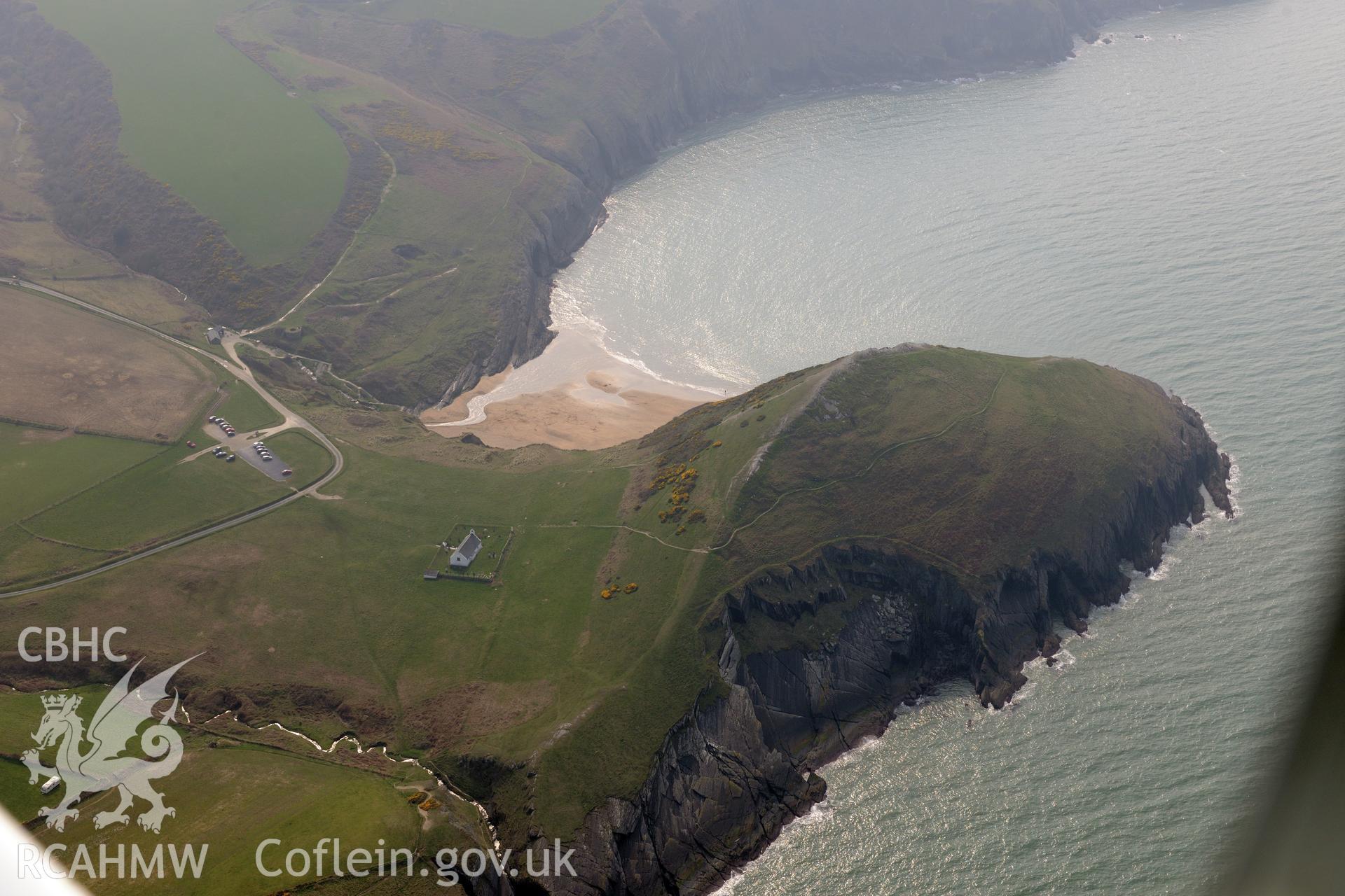 Royal Commission aerial photograph of Mwnt taken on 27th March 2017. Baseline aerial reconnaissance survey for the CHERISH Project. ? Crown: CHERISH PROJECT 2017. Produced with EU funds through the Ireland Wales Co-operation Programme 2014-2020. All material made freely available through the Open Government Licence.