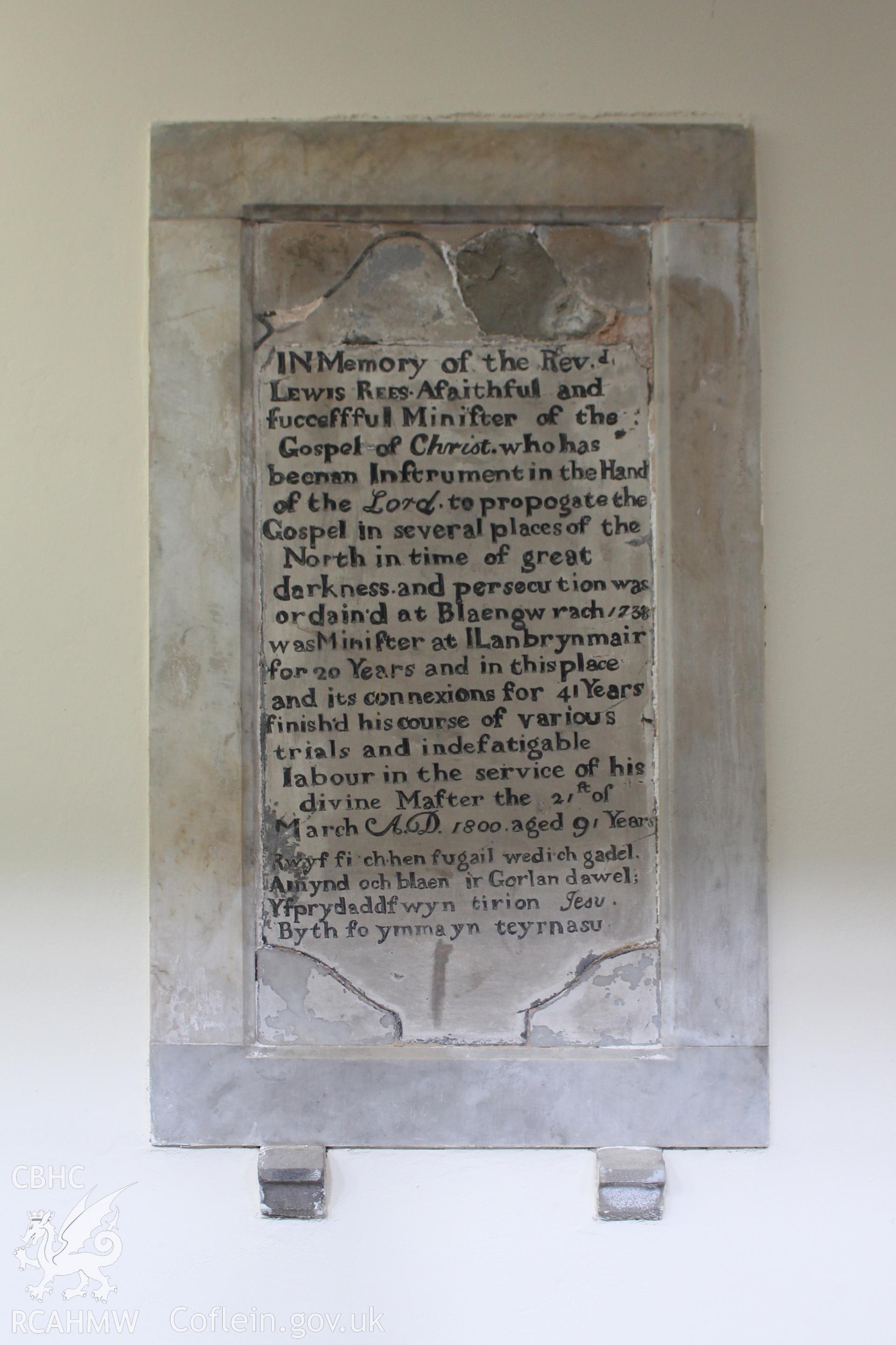 Colour photograph showing detail of memorial stone at Mynydd Bach Independent Chapel dedicated to the Rev. Lewis Rees, who died on 21st March 1800. Taken during photographic survey conducted by Sue Fielding on 13th May 2017.