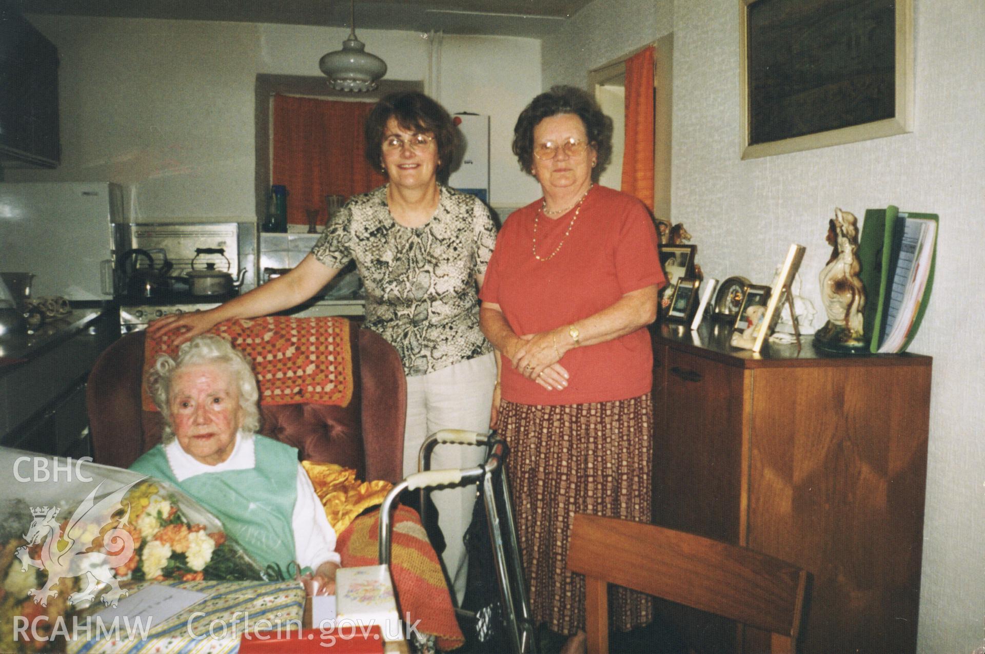 Colour photograph of 90th birthday of Mrs Elen Jones with Catherine Jones and the Deacon, Nesta Williams who was a Minister's wife. Donated as part of the Digital Dissent Project.