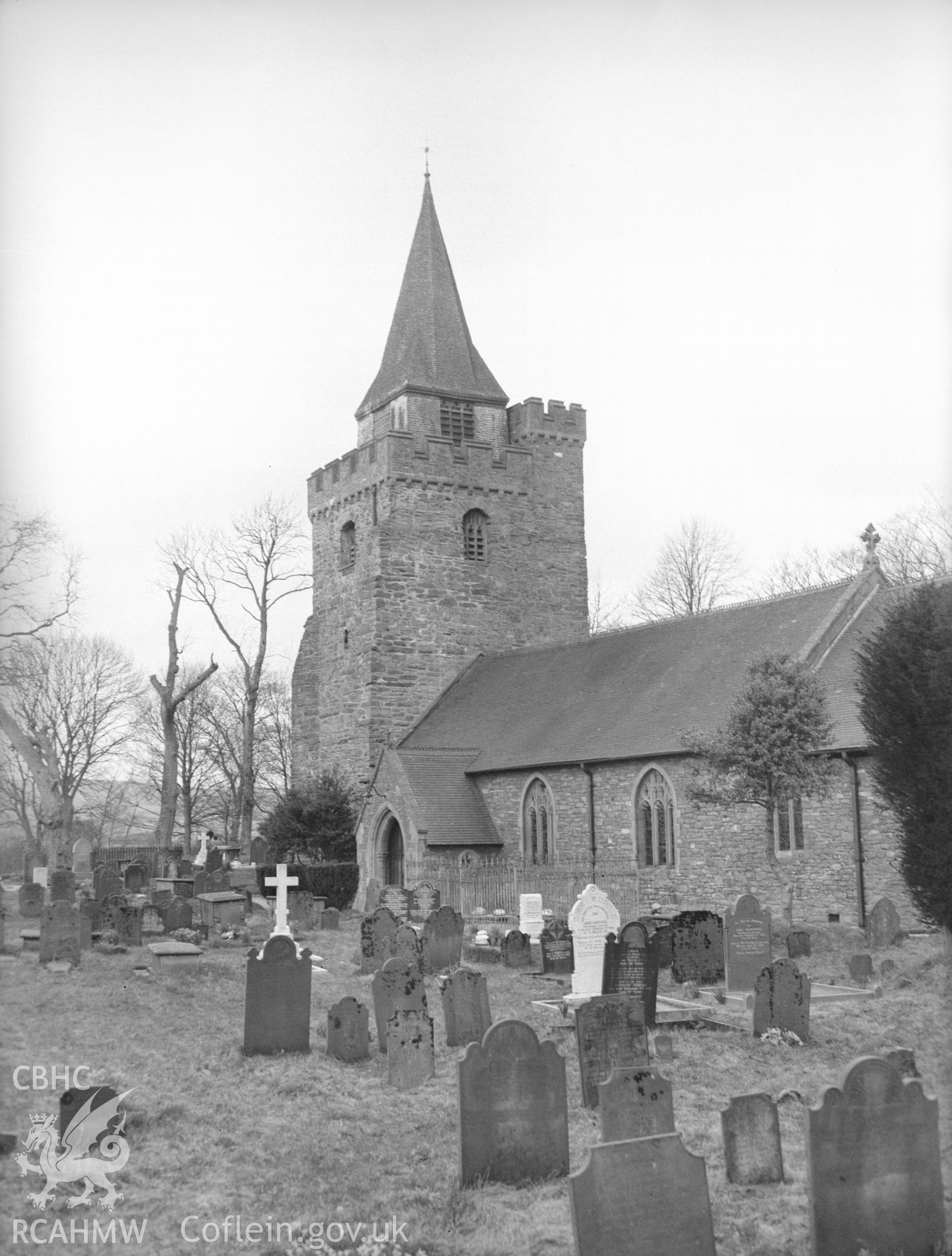 Digital copy of a nitrate negative showing exterior view of St Curig's Church and churchyard, Llangurig. From the National Building Record Postcard Collection.