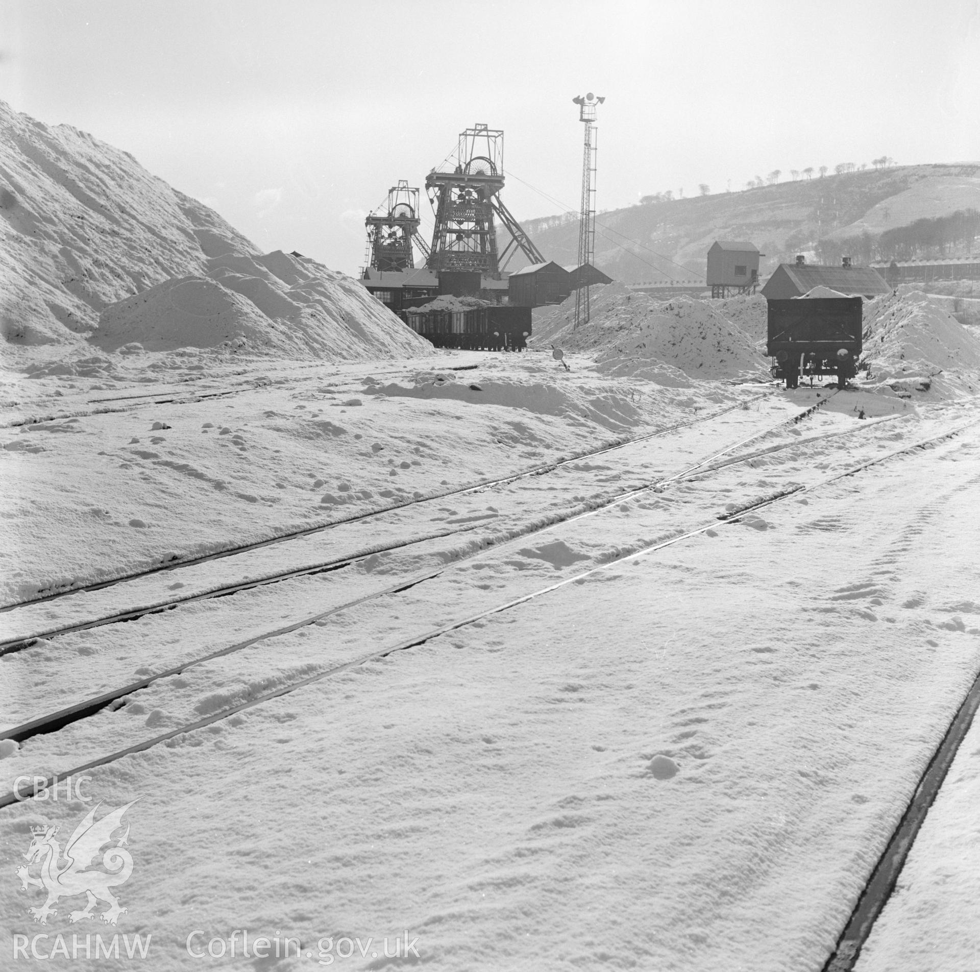 Digital copy of an acetate negative showing Taff Colliery in snow, from the John Cornwell Collection.