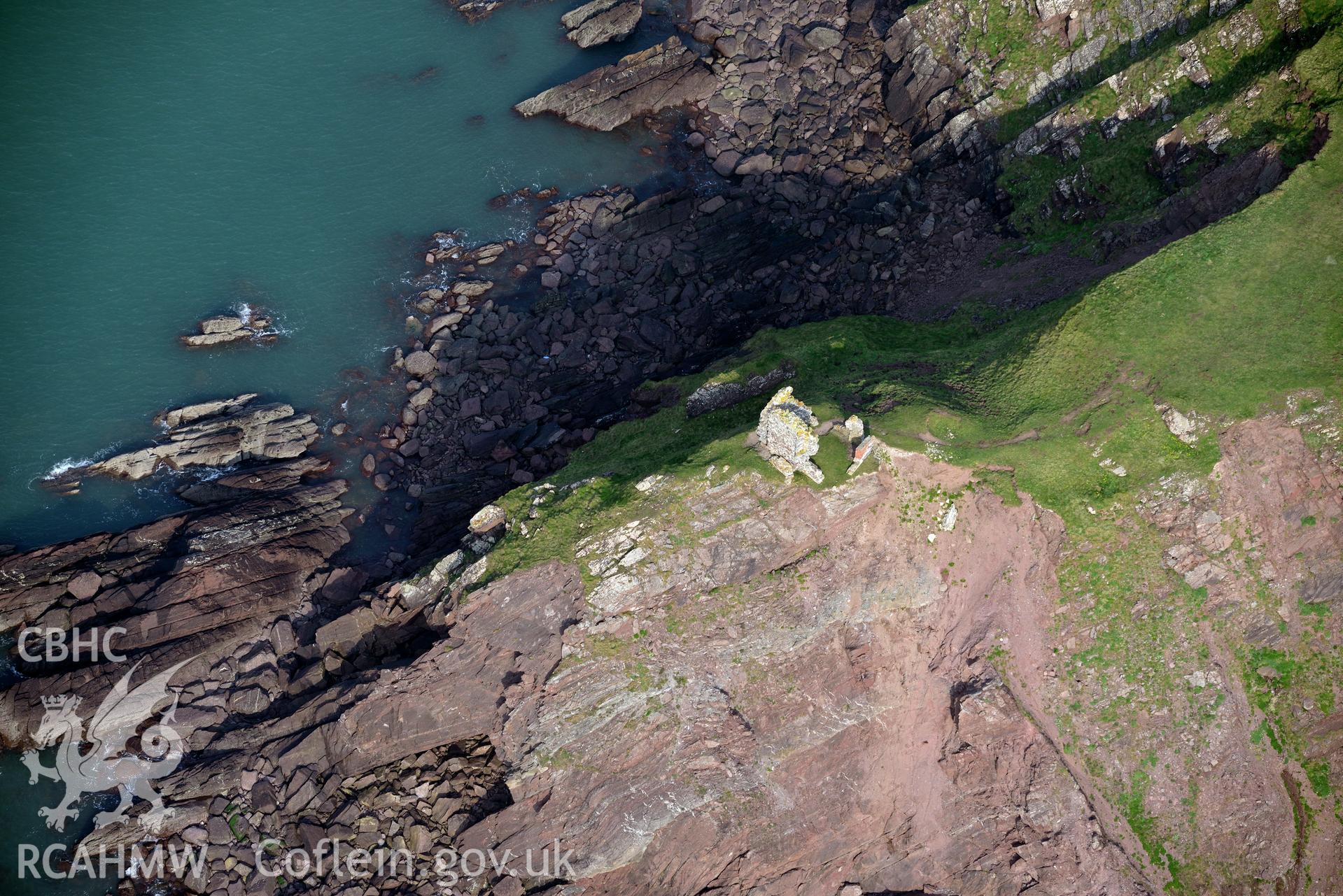 Aerial photography of East Blockhouse taken on 27th March 2017. Baseline aerial reconnaissance survey for the CHERISH Project. ? Crown: CHERISH PROJECT 2019. Produced with EU funds through the Ireland Wales Co-operation Programme 2014-2020. All material made freely available through the Open Government Licence.