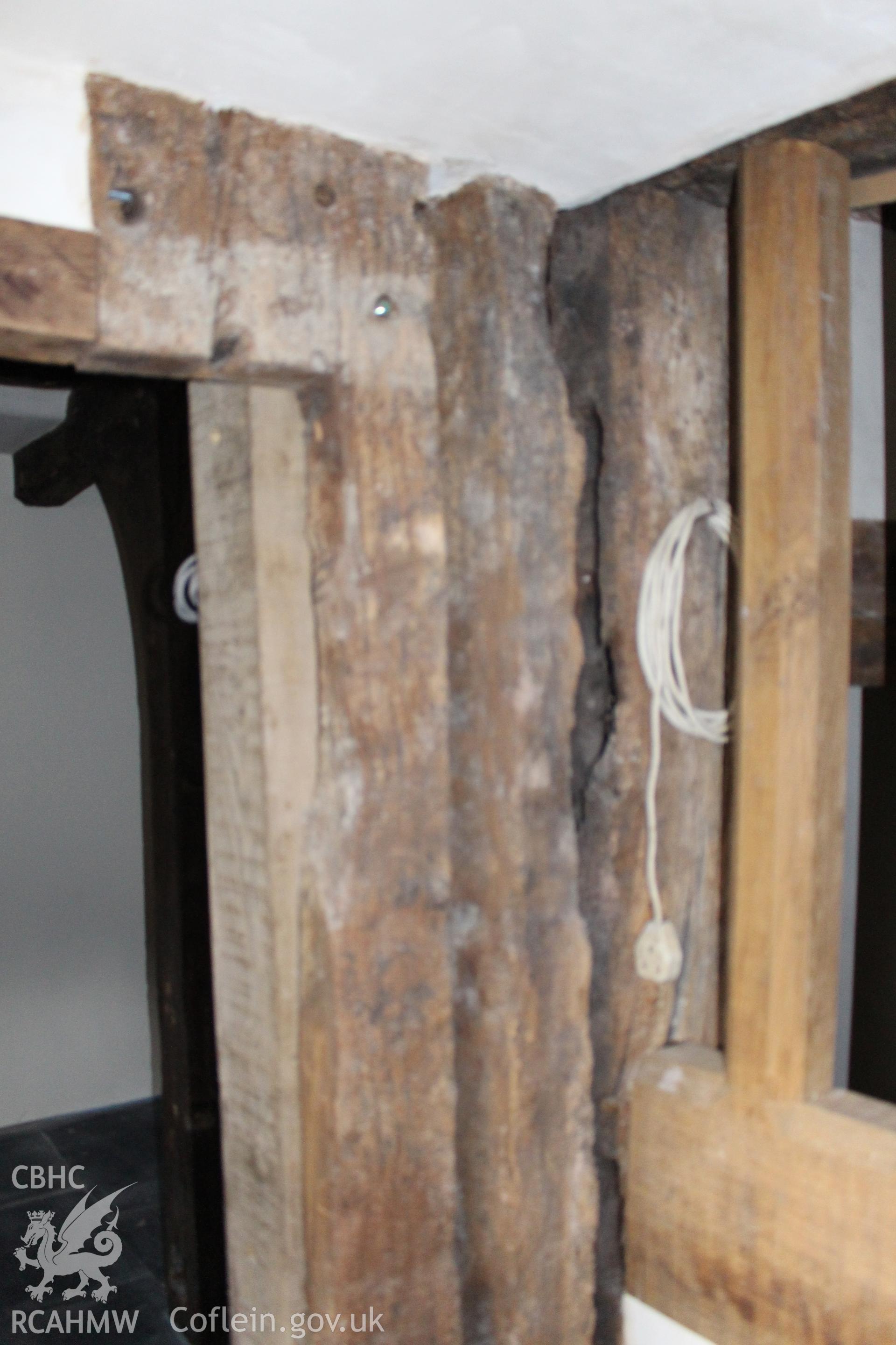 Colour photograph showing detailed view of timber door frame at Porth y Dwr, Clwyd Street, Ruthin. Photograph taken during survey conducted by Geoff Ward on 9th October 2014.