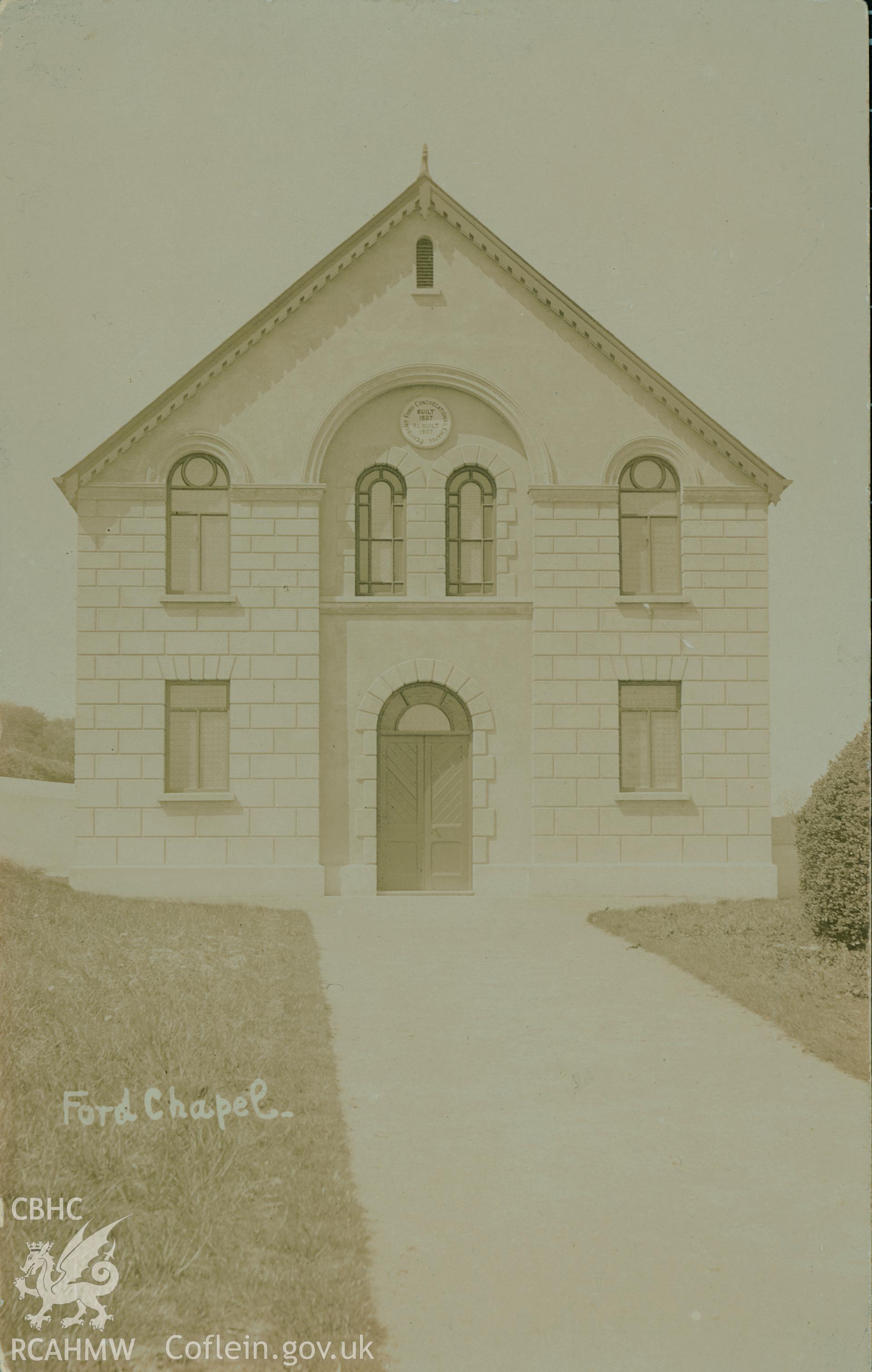 Digital copy of monochrome postcard showing exterior view of Penybont Welsh Independent chapel, Ford, Wolfscastle. Franked on 14th October 1911. Loaned for copying by Thomas Lloyd.