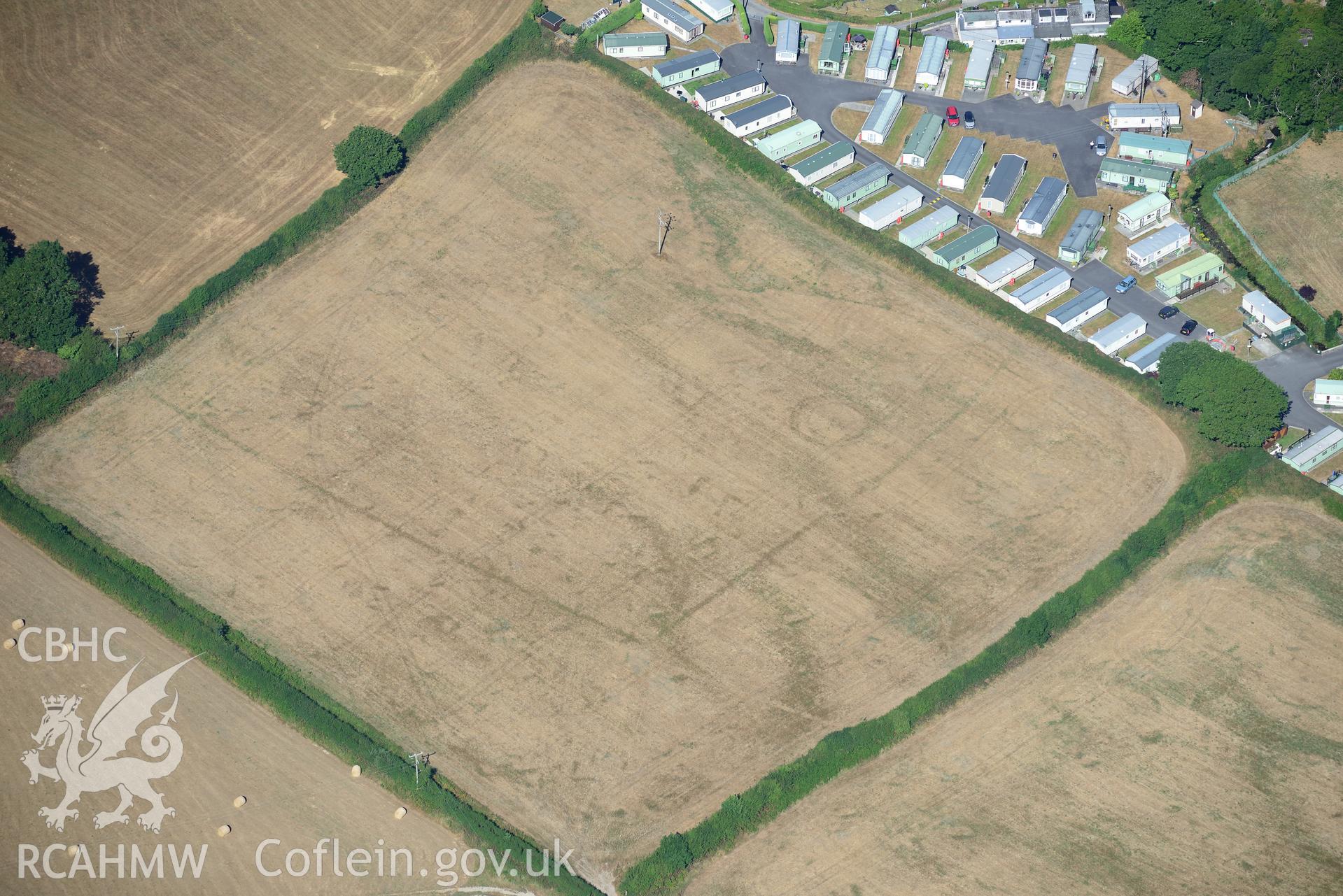 Royal Commission aerial photography of Dolypandy barrow cropmark taken on 19th July 2018 during the 2018 drought.