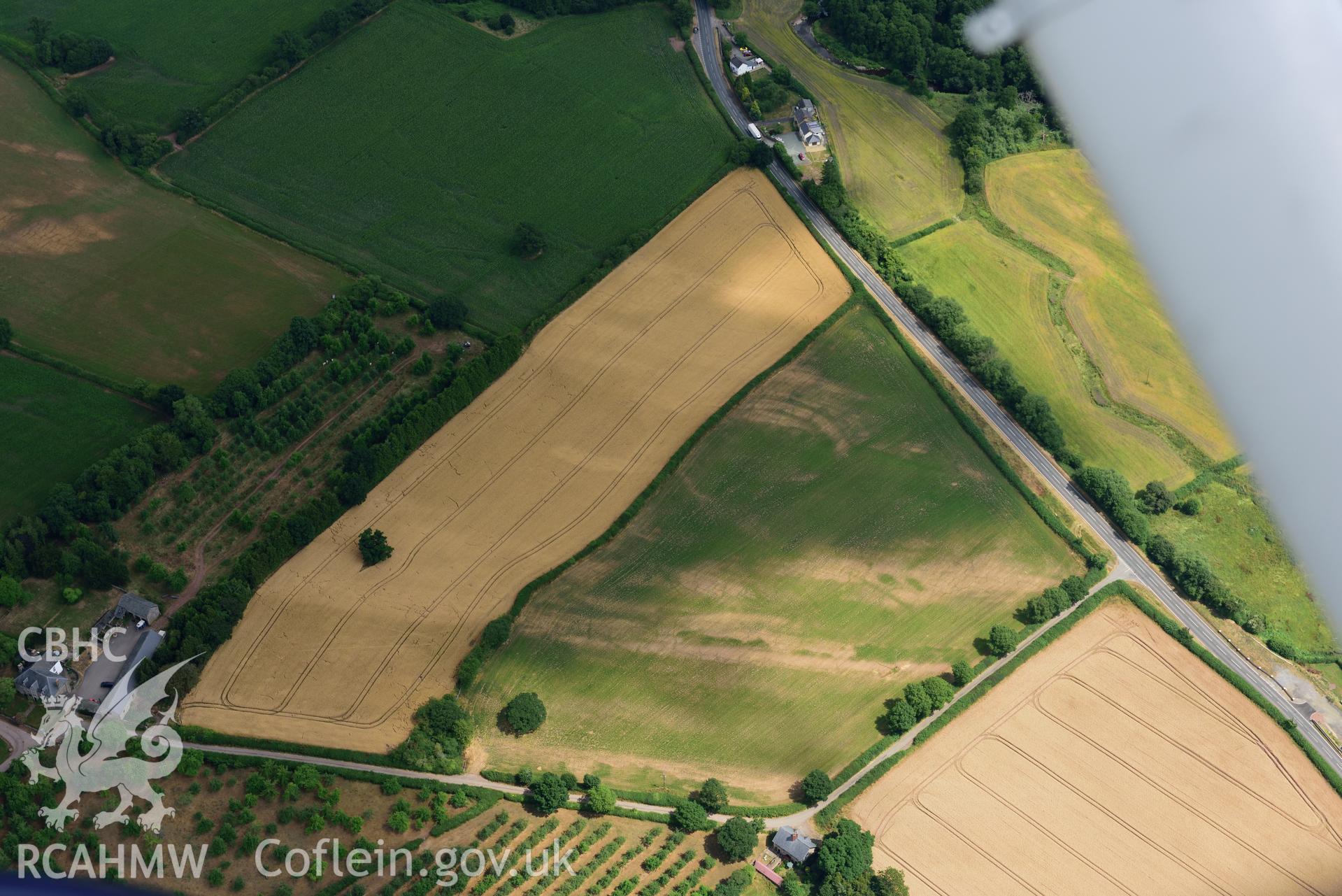 Royal Commission aerial photography of Mynydd Trevithel defended enclosure taken on 19th July 2018 during the 2018 drought.