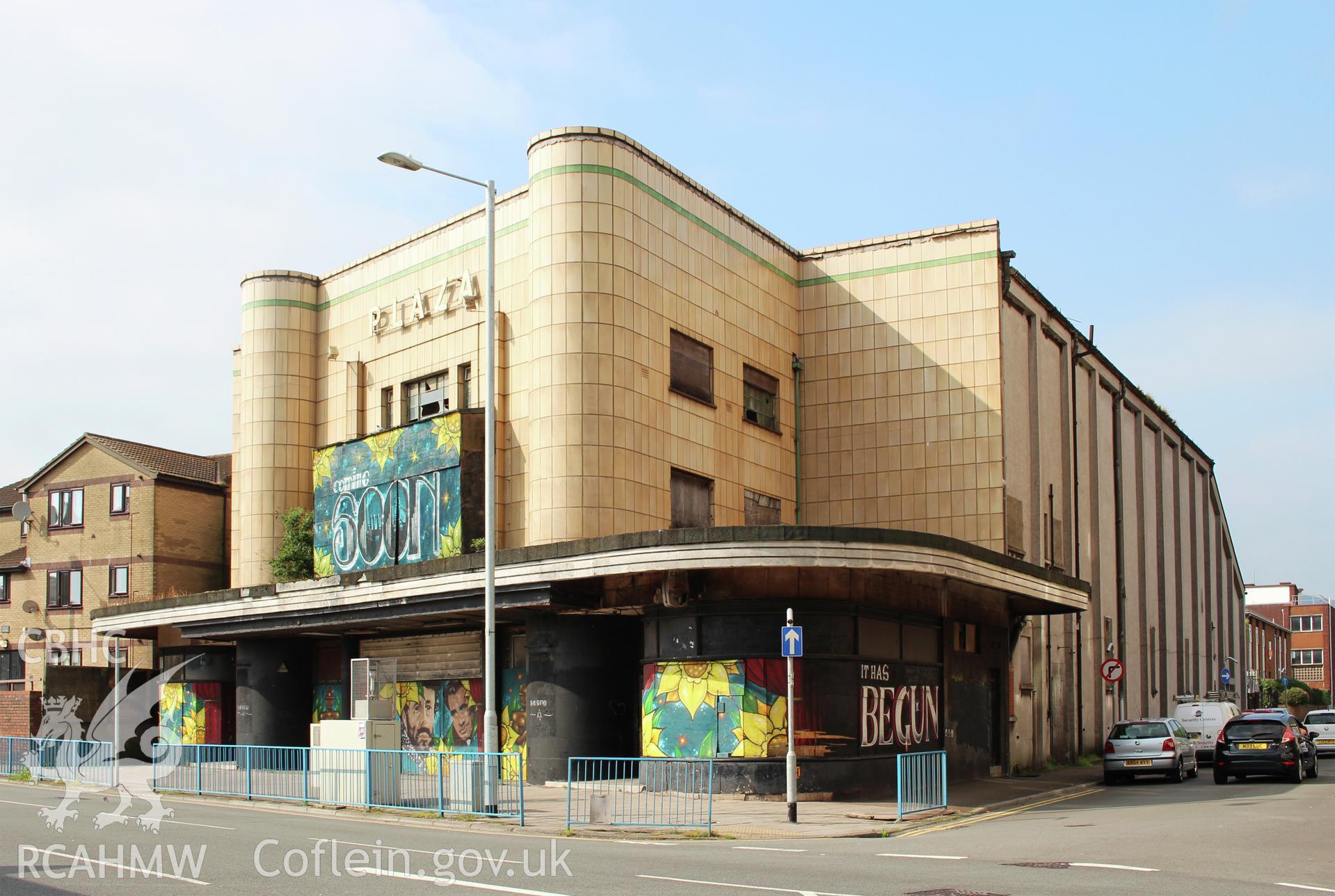 Exterior view of the front and side elevation of Plaza Cinema, Port Talbot. Photographed during survey conducted by Sue Fielding for the RCAHMW, 6th March 2019.