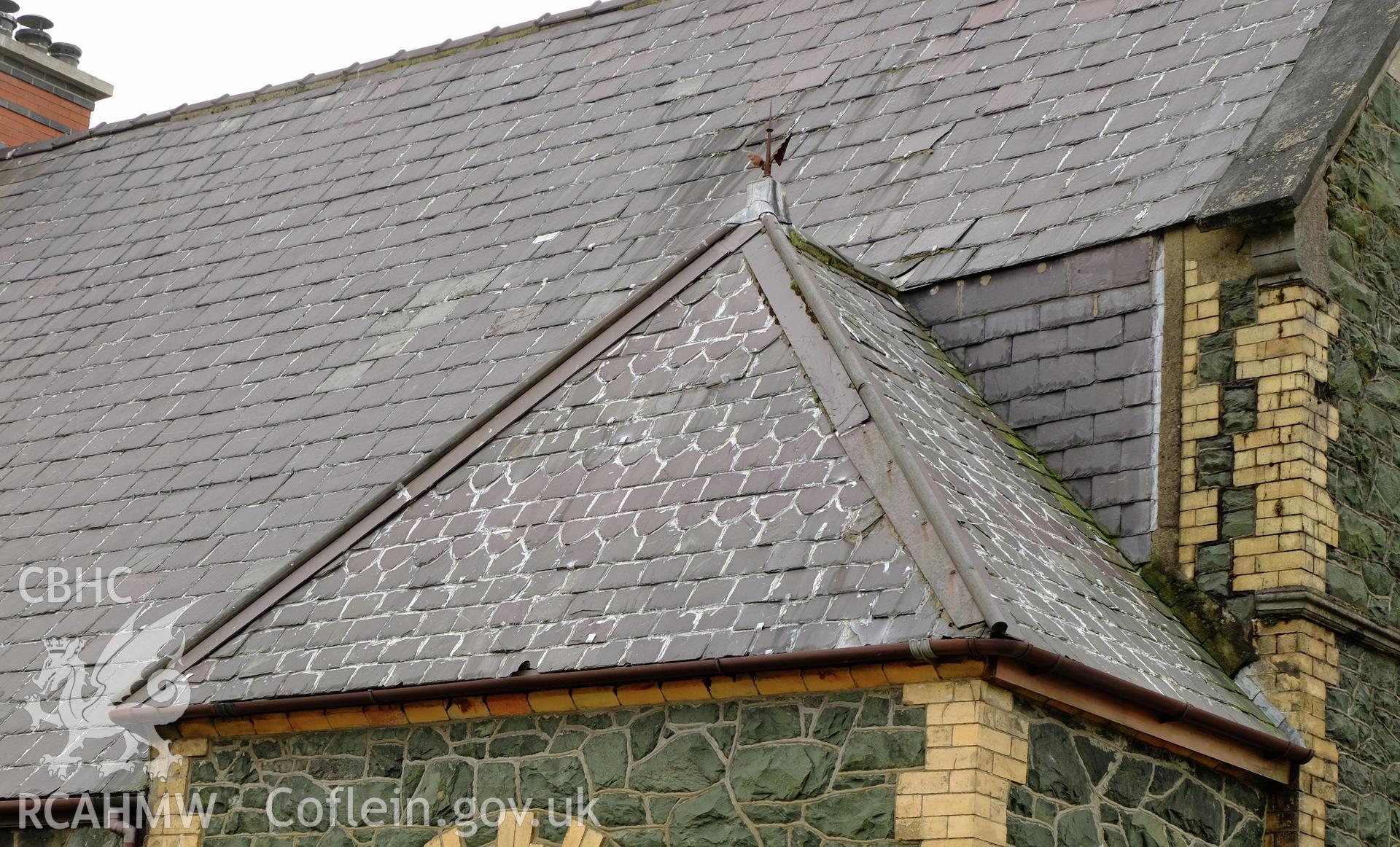 Colour photograph showing detail of roof slates at Capel Libanus, Clwt-y-Bont, Deiniolen, produced by Richard Hayman 2nd March 2017
