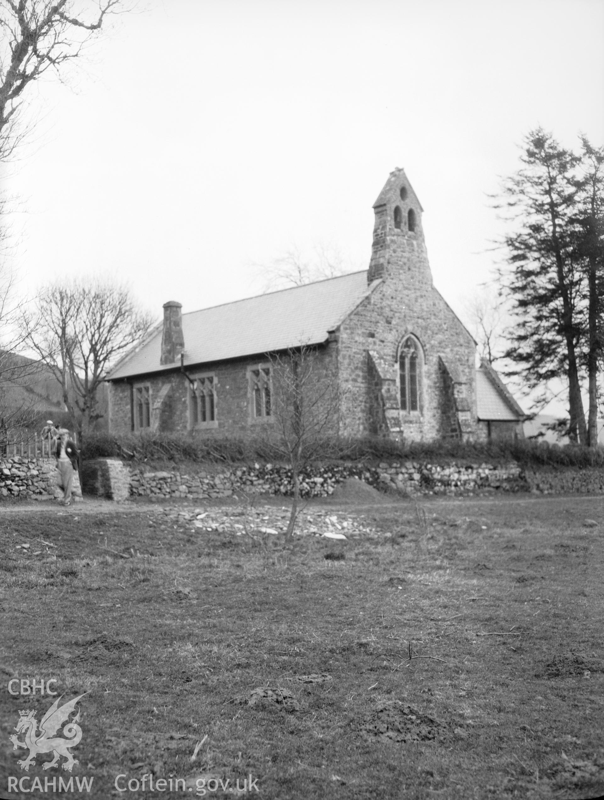 Digital copy of a nitrate negative showing exterior view of St Anno's Church, Llananno, from the south-east. From the National Building Record Postcard Collection.