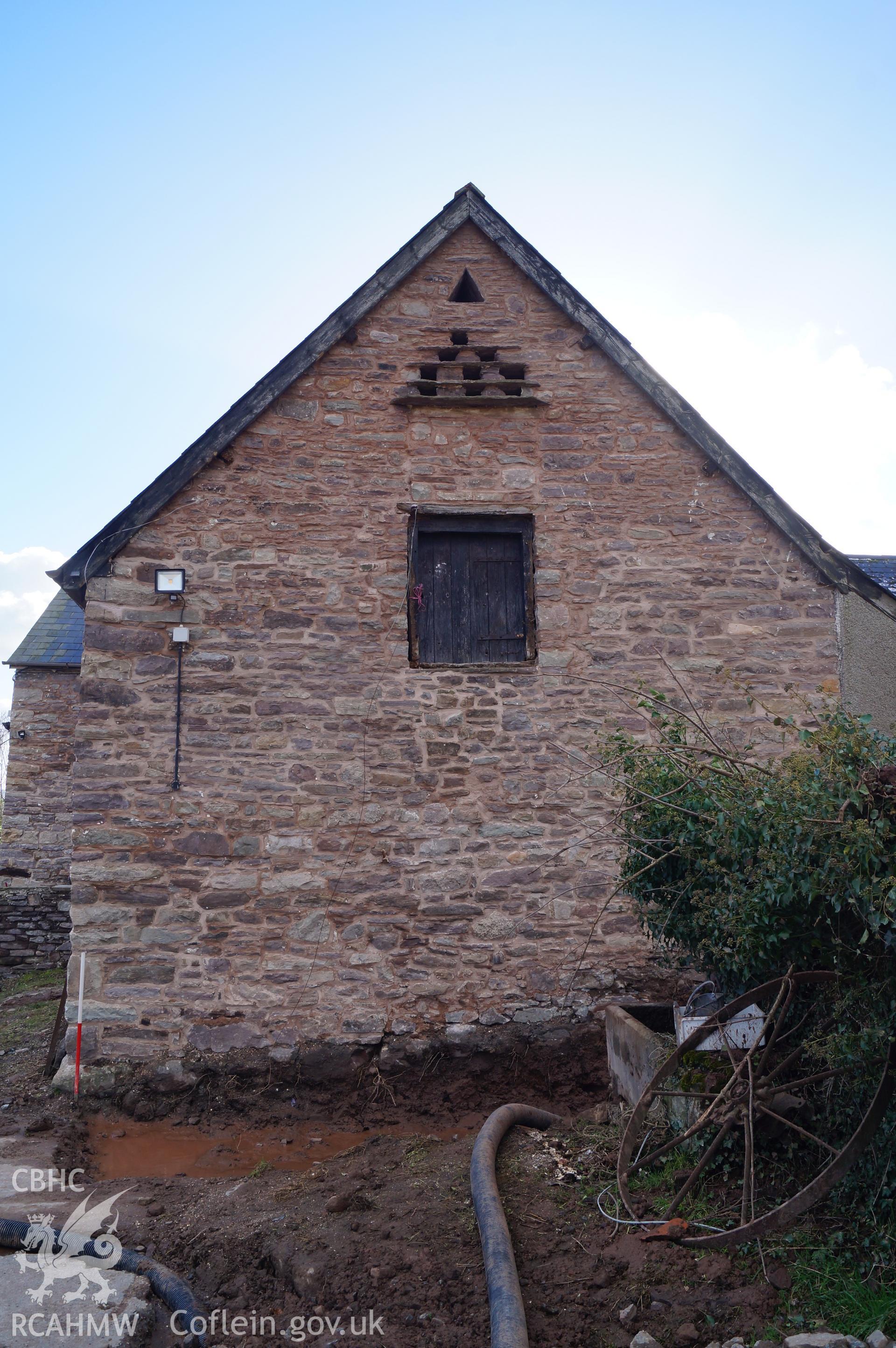 View 'looking south southwest at the exterior of the northern gable of the stable' on Gwrlodau Farm, Llanbedr, Crickhowell. Photograph and description by Jenny Hall and Paul Sambrook of Trysor, 9th February 2018.