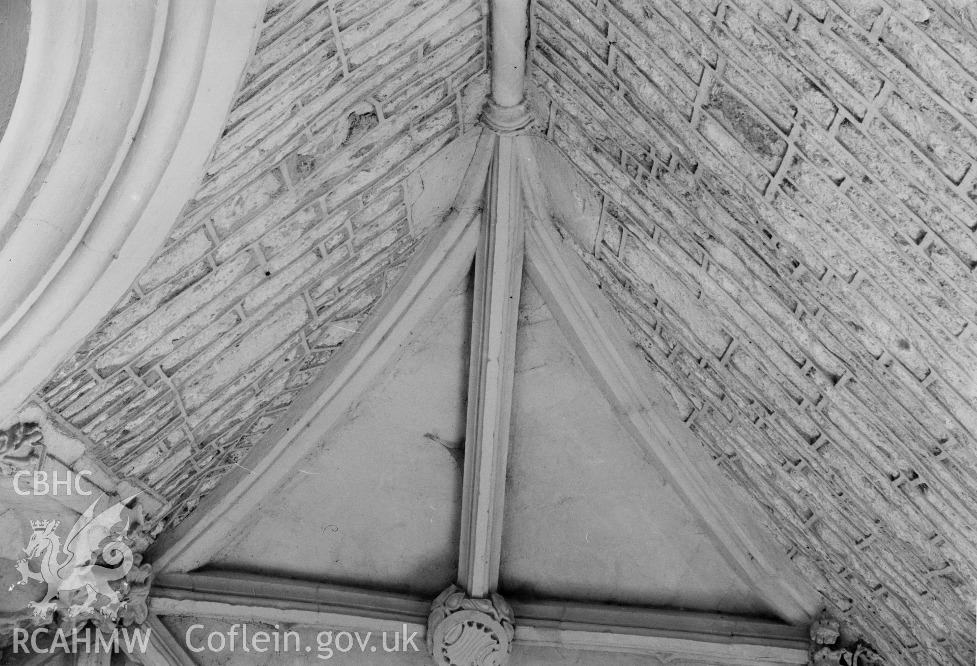 Digital copy of a nitrate negative showing view of cross beam on ceiling at Usk Castle taken by Leonard Monroe.