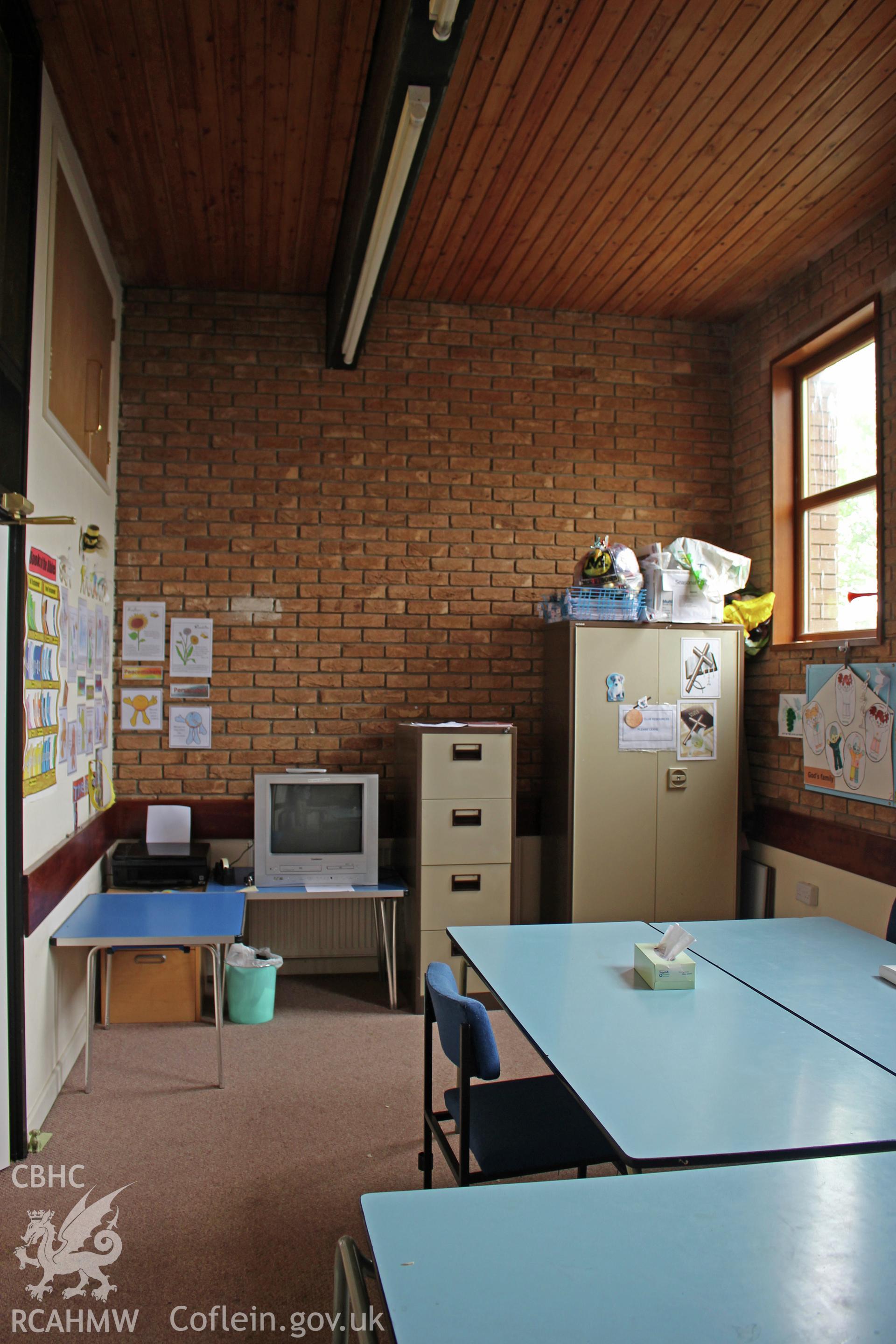 Colour photograph showing interior view of the Sunday school at Riverside chapel, Port Talbot. Photographed during survey conducted by Geoff Ward on 5th July 2016.