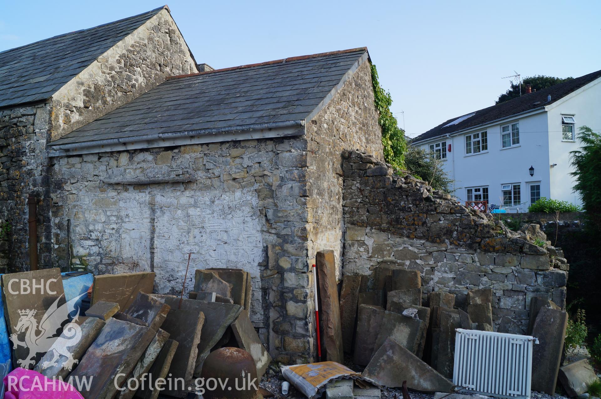View 'looking south southeast from western end of the building towards the end of the ruined pigsty, extension and western end of barn' at Rowley Court, Llantwit Major. Photograph & description by Jenny Hall & Paul Sambrook of Trysor, 7th September 2016.