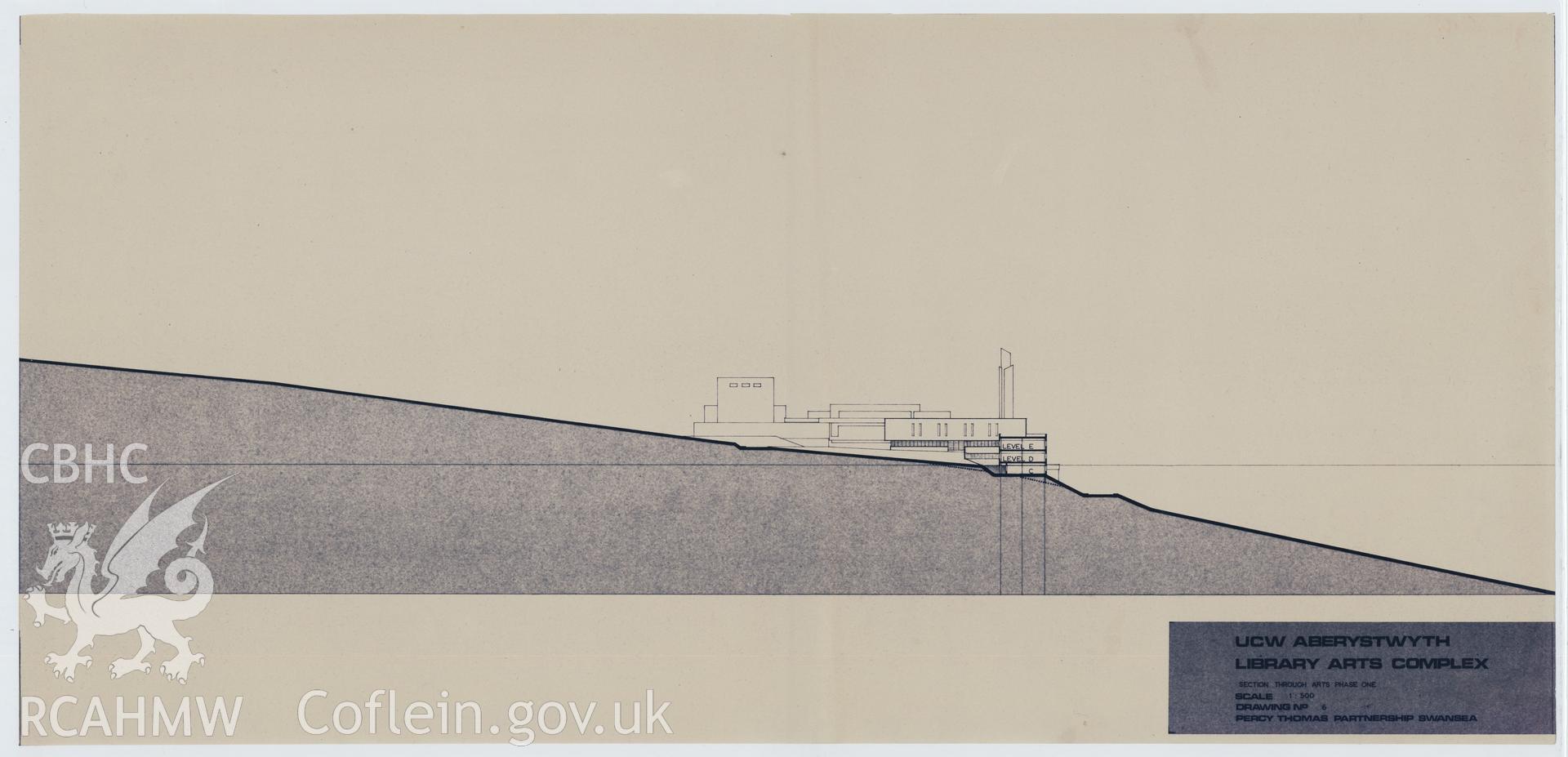Digital copy of Drawing No 6, section through arts phase one at the proposed Library Arts Complex at University College Aberystwyth, produced by Percy Thomas Partnership. Scale 1:500.