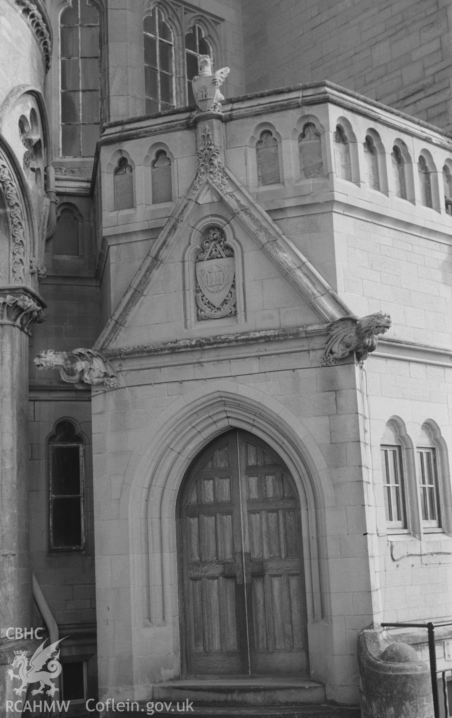 Digital copy of a black and white negative showing detail of entrance in the north west facing side of the Old College, on Aberystwyth promenade. Photographed by Arthur O. Chater on 15th August 1967 from Grid Reference SN 581 817.
