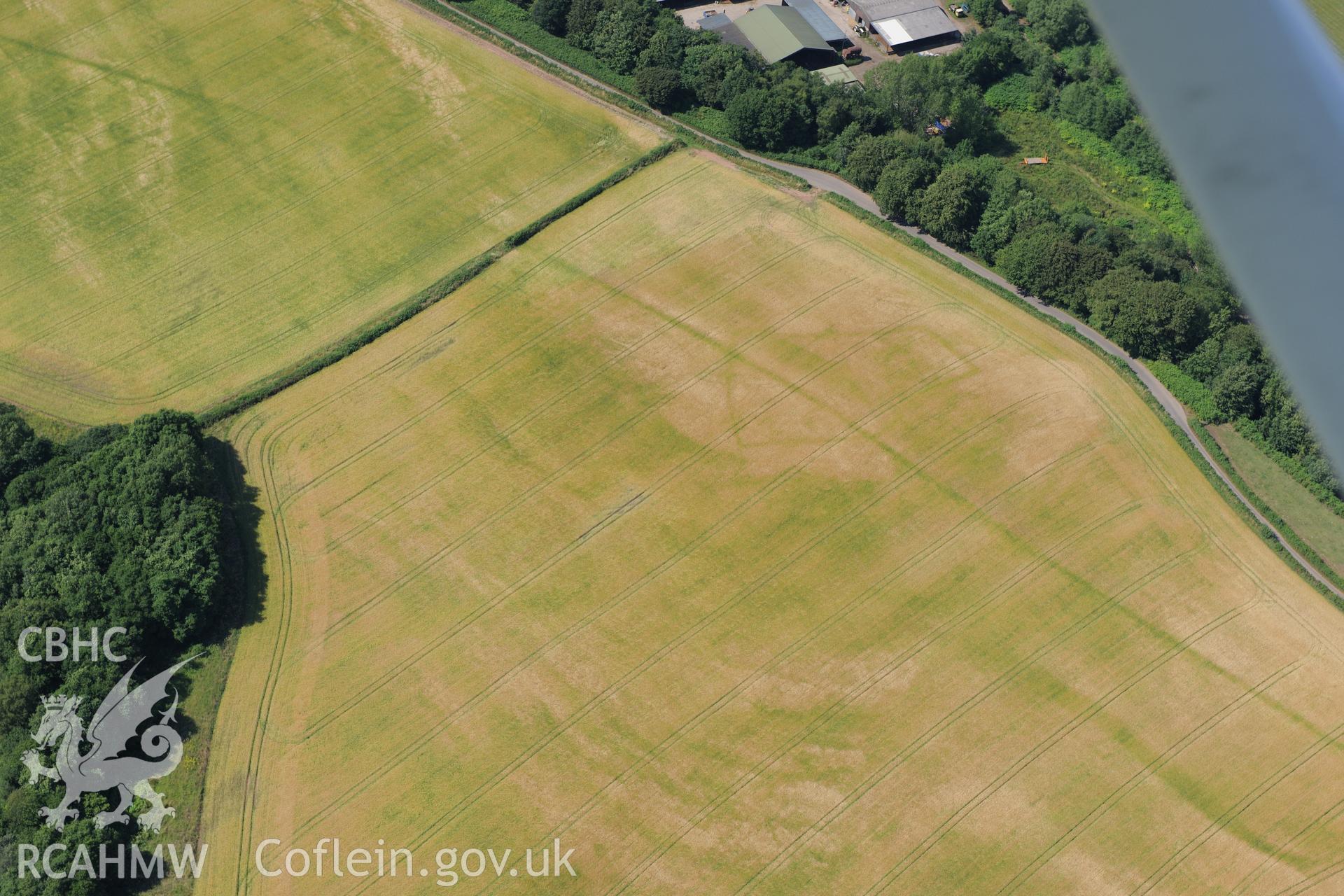 Malthouse Road defended enclosure (east), north west of Caerleon. Oblique aerial photograph taken during the Royal Commission?s programme of archaeological aerial reconnaissance by Toby Driver on 1st August 2013.
