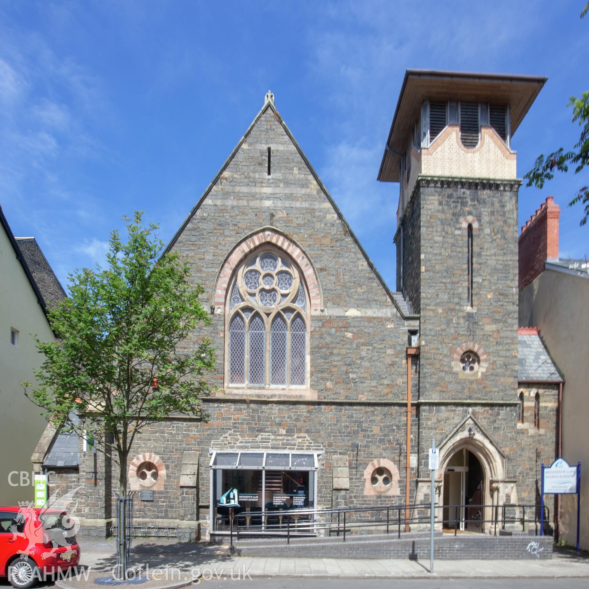 Colour photograph showing front elevation and entrance of Portland Street English Congregational Church (now surgery), Aberystwyth. Photographed by Richard Barrett on 25th June 2018.