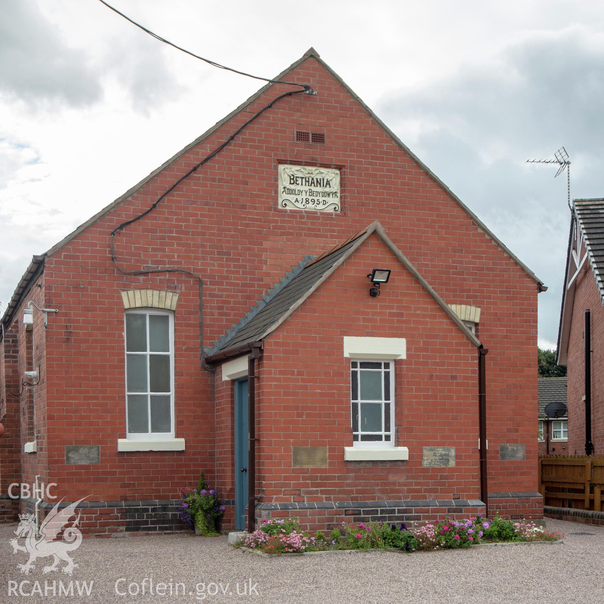 Colour photograph showing front elevation and entrance of Bethania Welsh Baptist Chapel, Bethania Road, Acrefair, Cefn. Photographed by Richard Barrett on 15th September 2018.