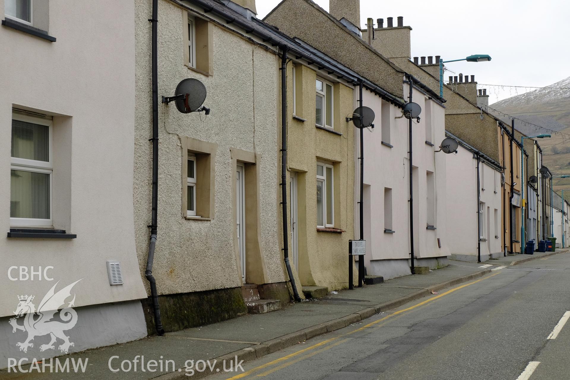 Colour photograph showing view looking east at Stryd Fawr (north side), Deiniolen, produced by Richard Hayman 2nd March 2017