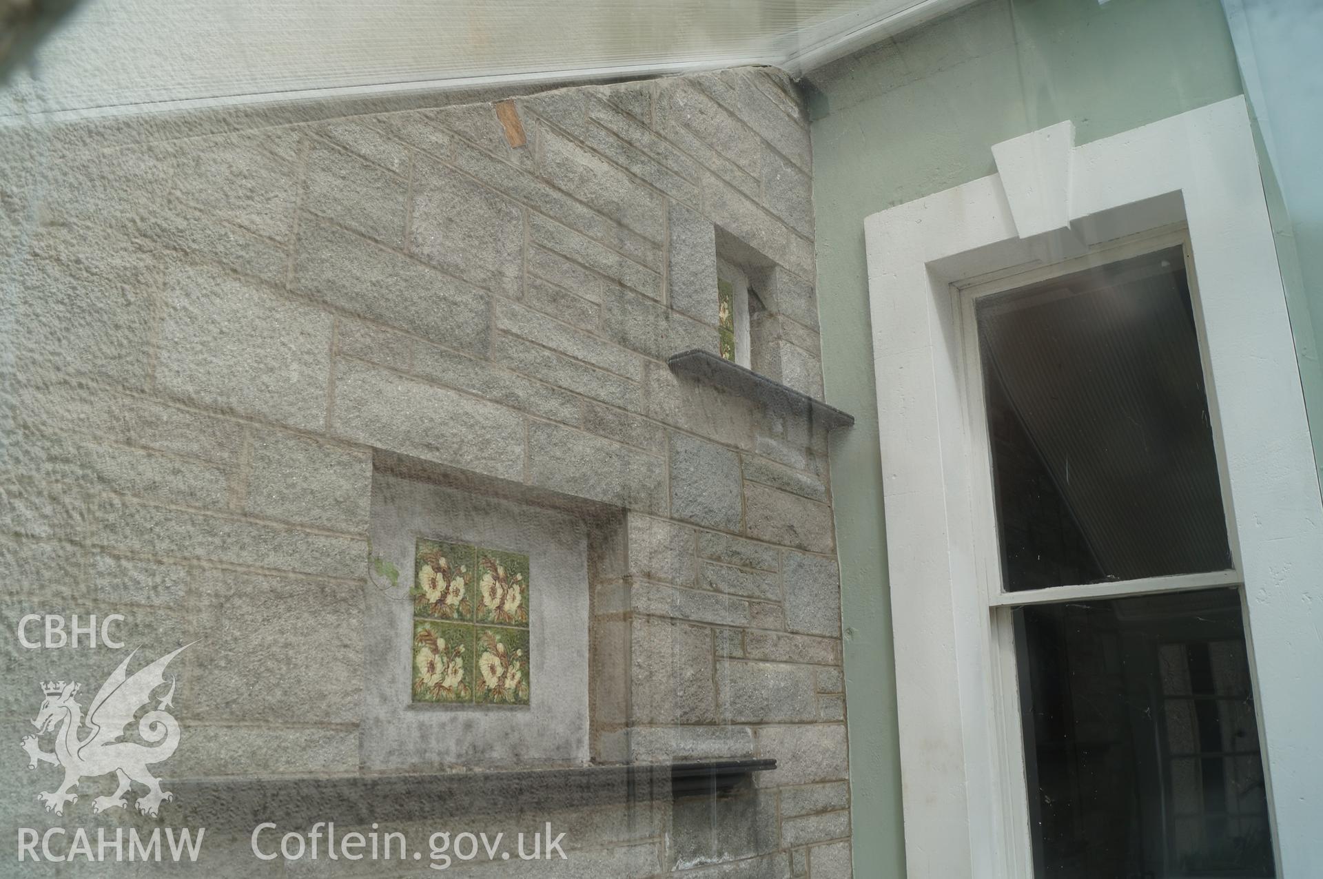 View 'looking east northeast at the modern decorative wall on the northern side of the porch to be demolished' at Robeston House. Photograph and description by Jenny Hall and Paul Sambrook of Trysor, 22nd June 2017.