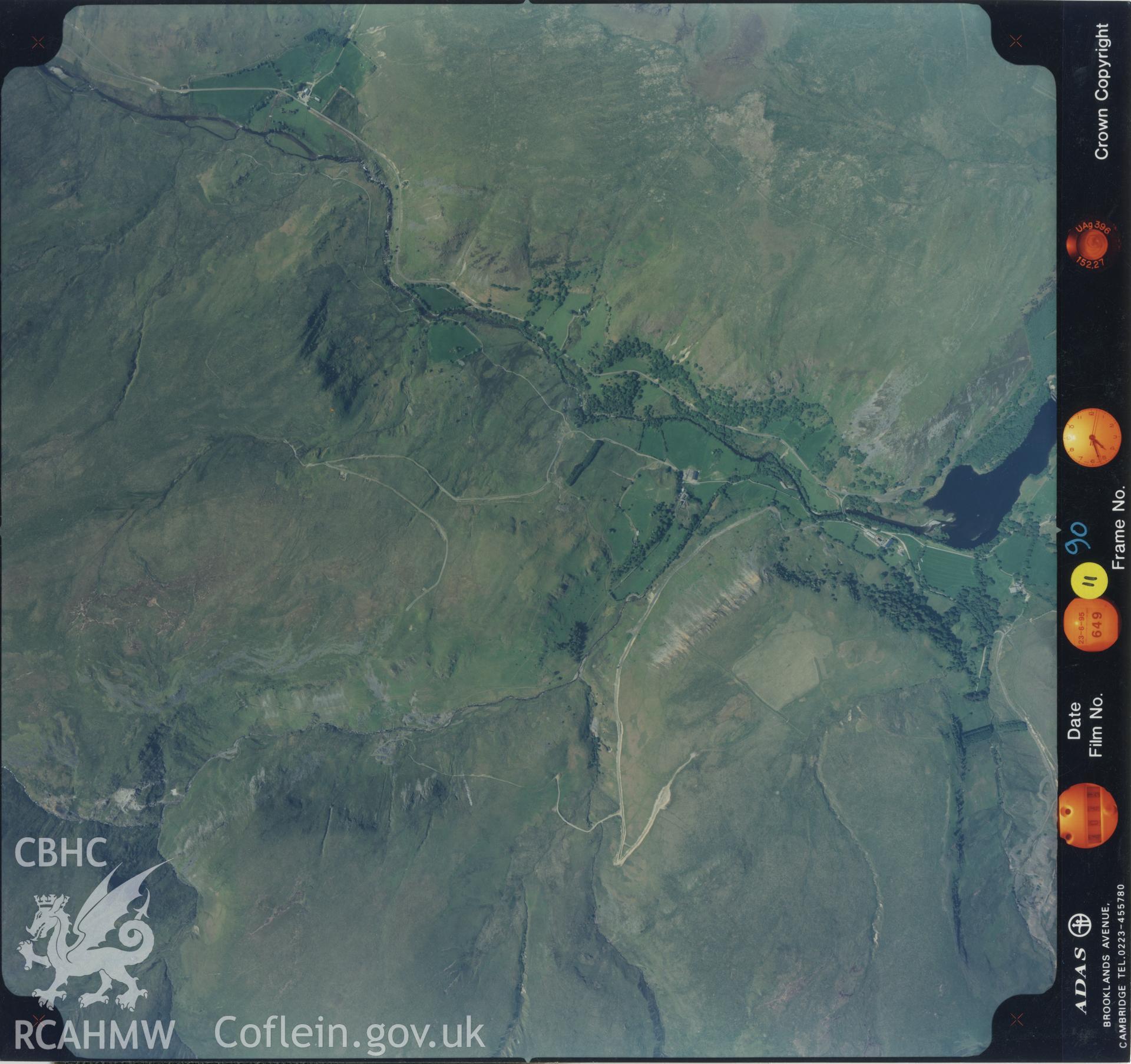 Aerial photograph of the Elan Valley, dated 1995. Included in material relating to Archaeological Desk Based Assessment of Afon Claerwen, Elan Valley, Rhayader, Powys. Assessment conducted by Archaeology Wales in 2017-18. Report no. 1633. Project no. 2573.