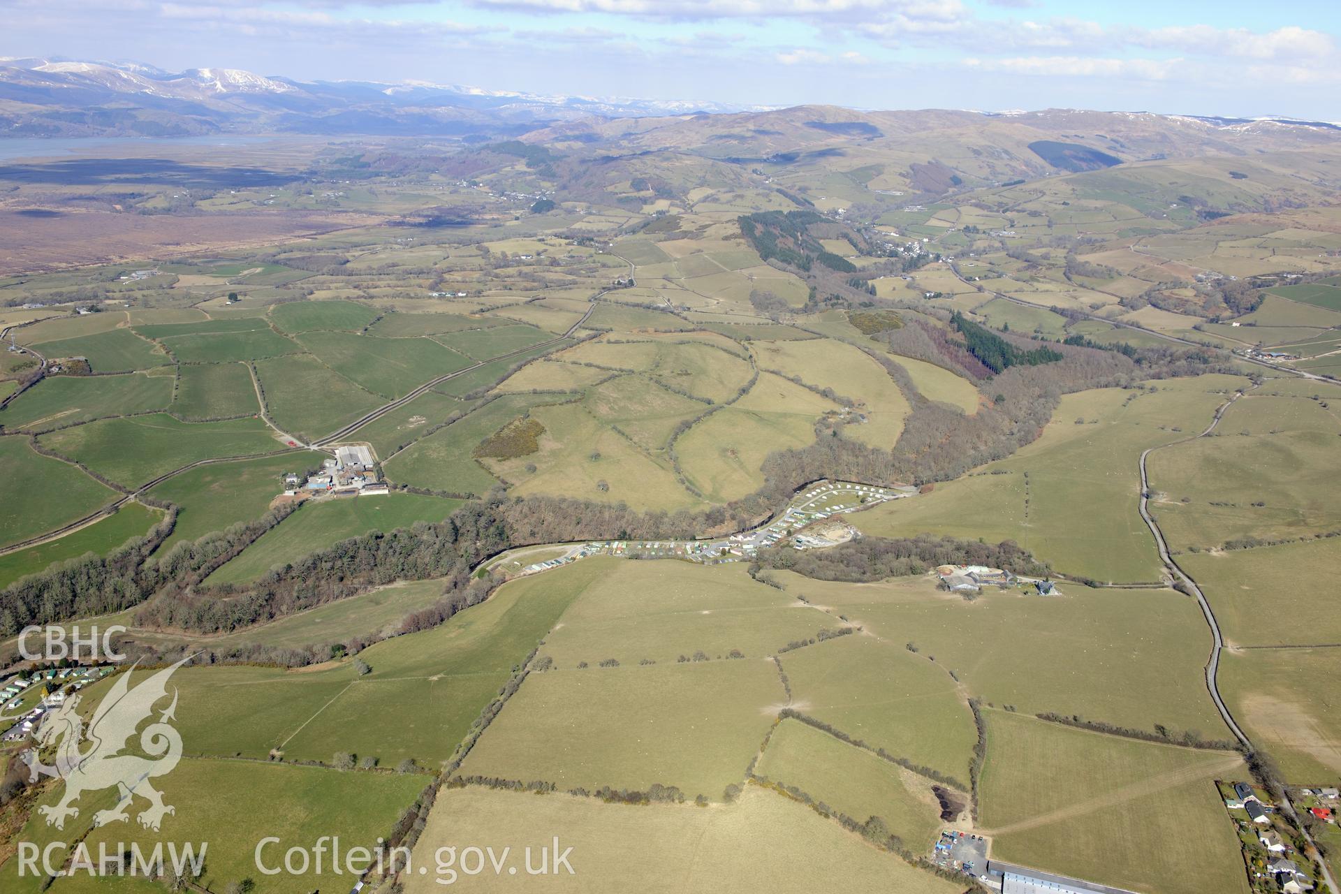 Site of former Forge Factory Woollen mill (now a caravan park), and Glanfred farm, north east of Llandre, Aberystwyth. Oblique aerial photograph taken during the Royal Commission's programme of archaeological aerial reconnaissance by Toby Driver on 2nd April 2013.