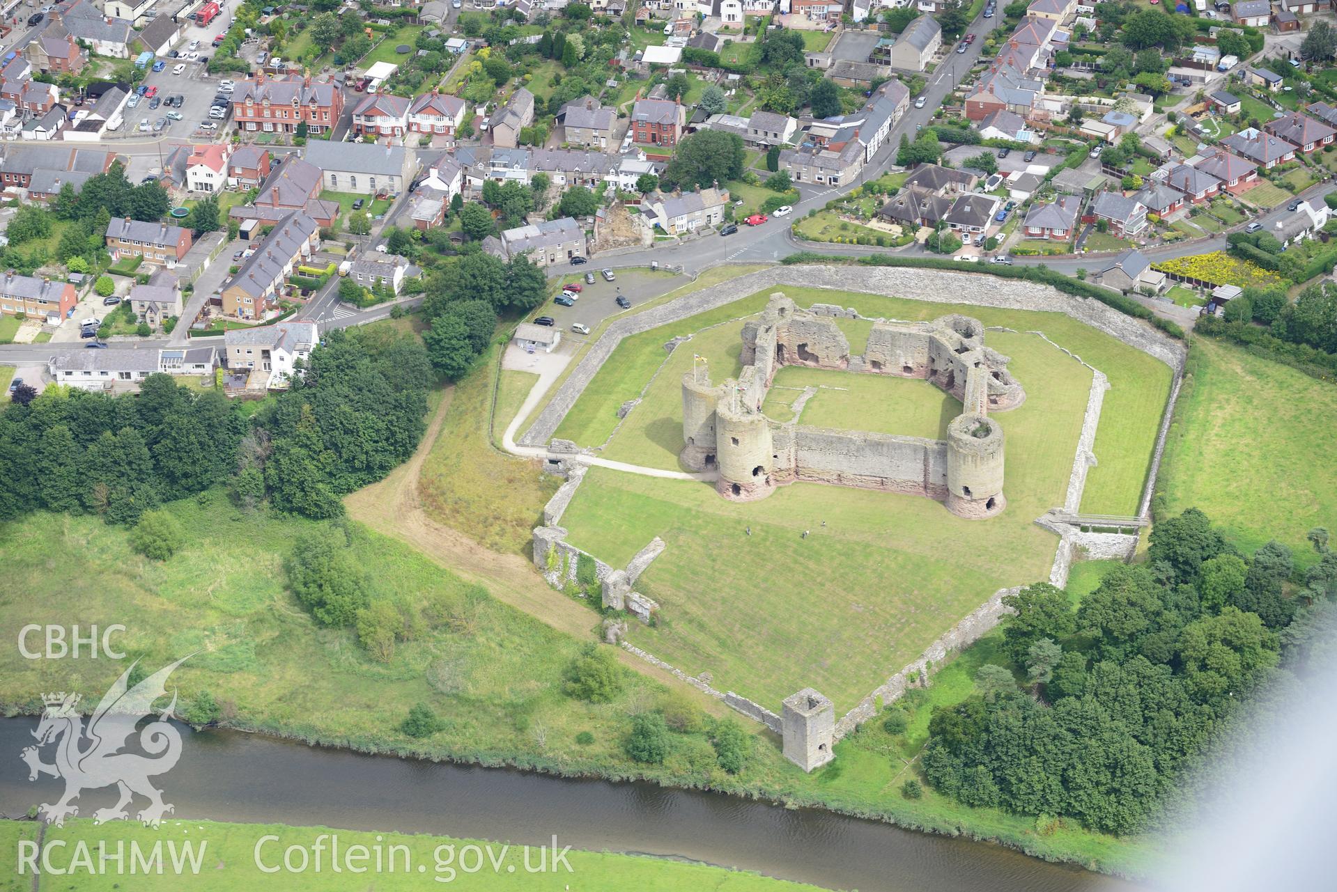 Rhuddlan Castle. Oblique aerial photograph taken during the Royal Commission's programme of archaeological aerial reconnaissance by Toby Driver on 30th July 2015.