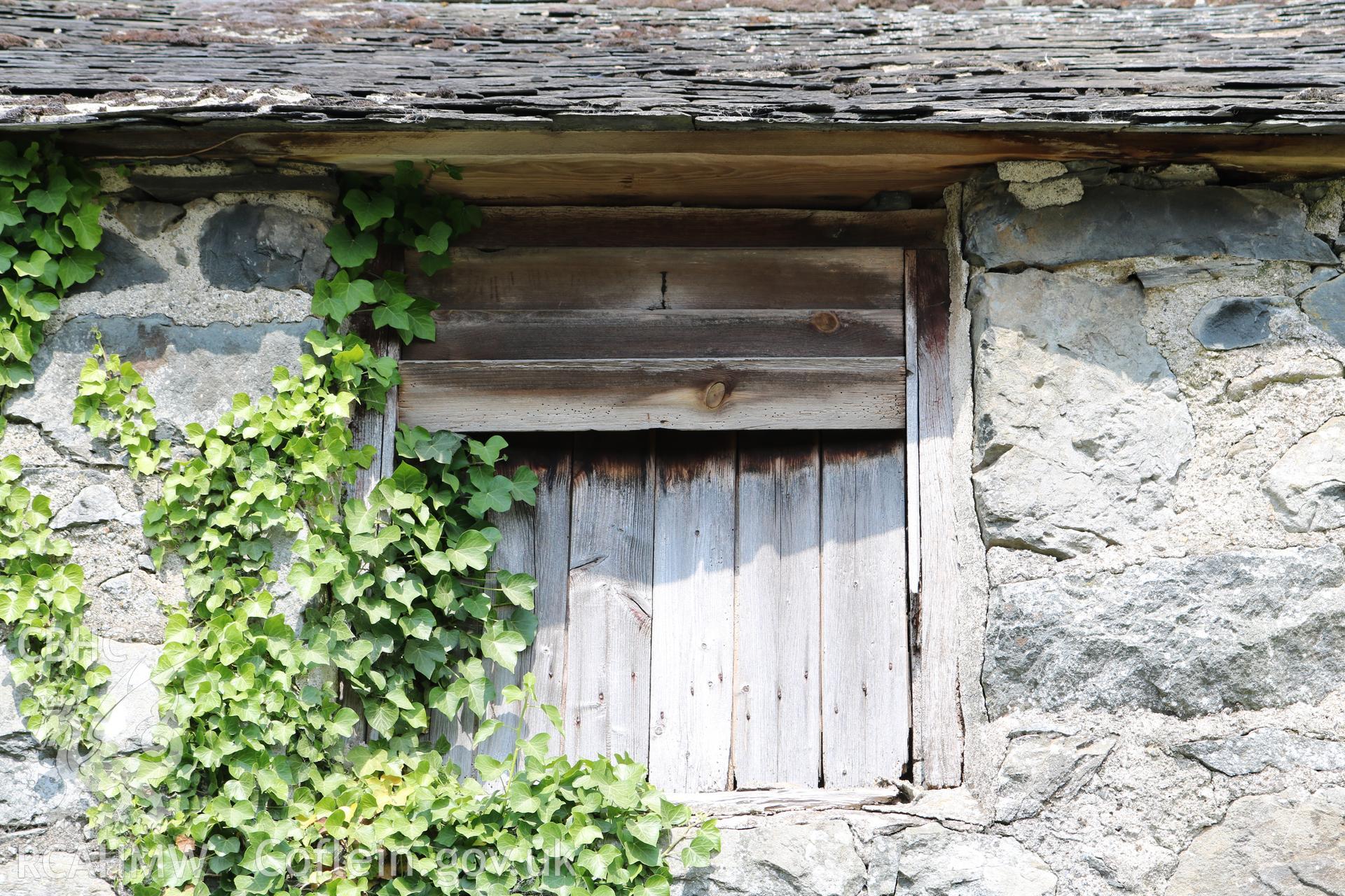 Photograph showing first floor exterior view of cartshed and possible hayloft at Maes yr Hendre, taken by Dr Marian Gwyn, 6th July 2016. (Original Reference no. 0031)