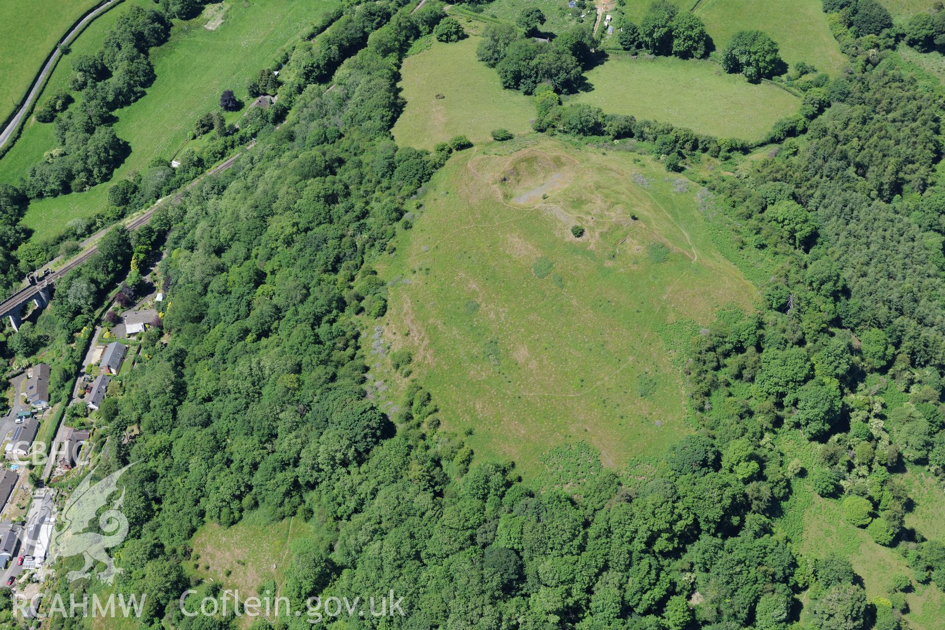 Knucklas castle, north west of Knighton. Oblique aerial photograph taken during the Royal Commission's programme of archaeological aerial reconnaissance by Toby Driver on 30th June 2015.