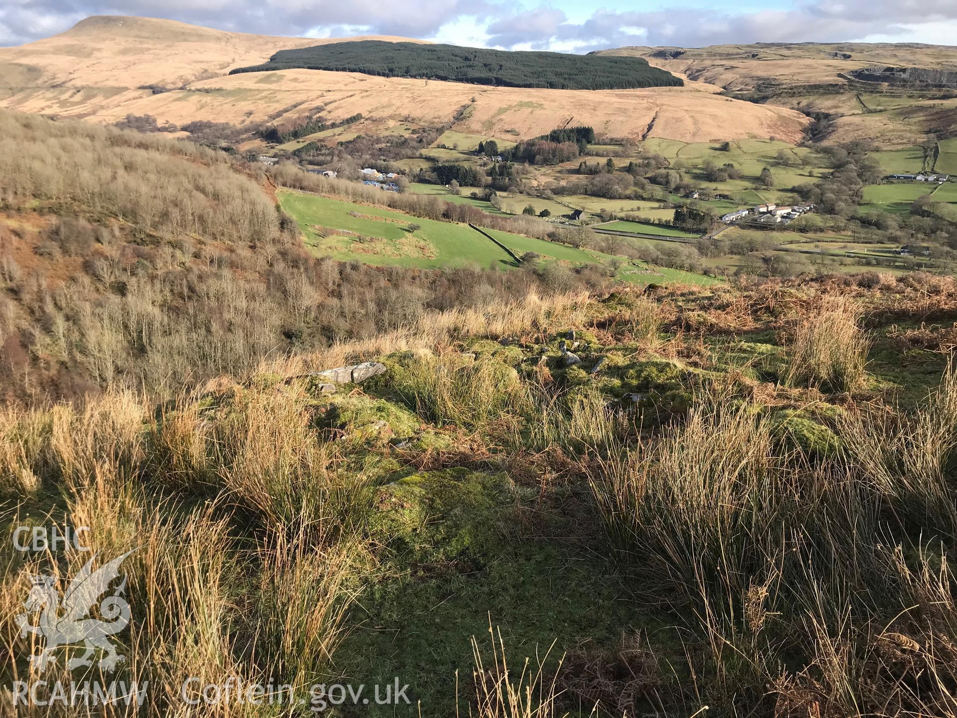 Digital colour photograph of Cwm Hafes pen or possible sheepfold, Llywel, Glyntawe, taken by Paul R. Davis on 11th February 2019.
