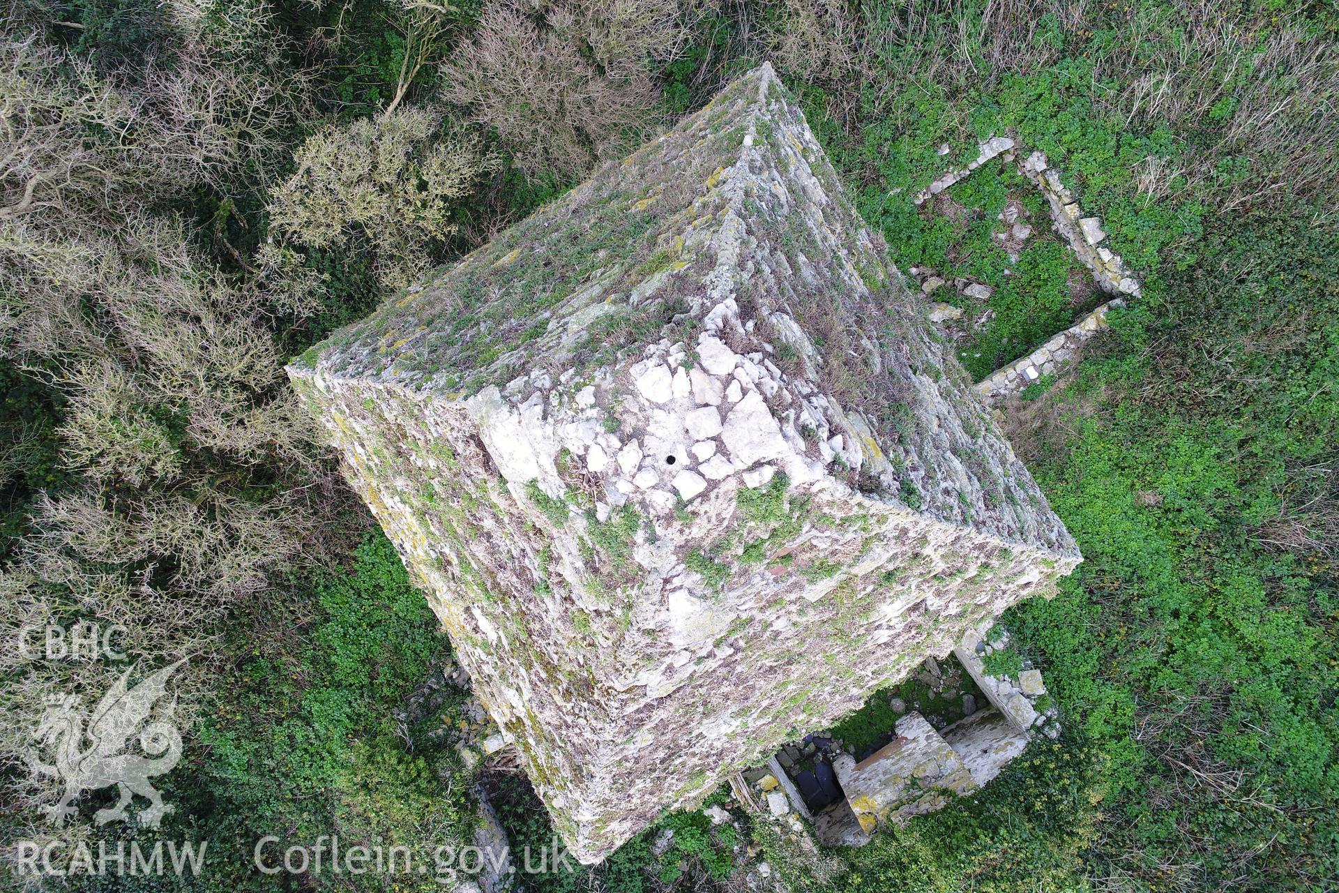 Investigator's drone/UAV survey of the church and monastic settlement on Puffin Island or Ynys Seiriol for the CHERISH Project. ? Crown: CHERISH PROJECT 2018. Produced with EU funds through the Ireland Wales Co-operation Programme 2014-2020. All material made freely available through the Open Government Licence.