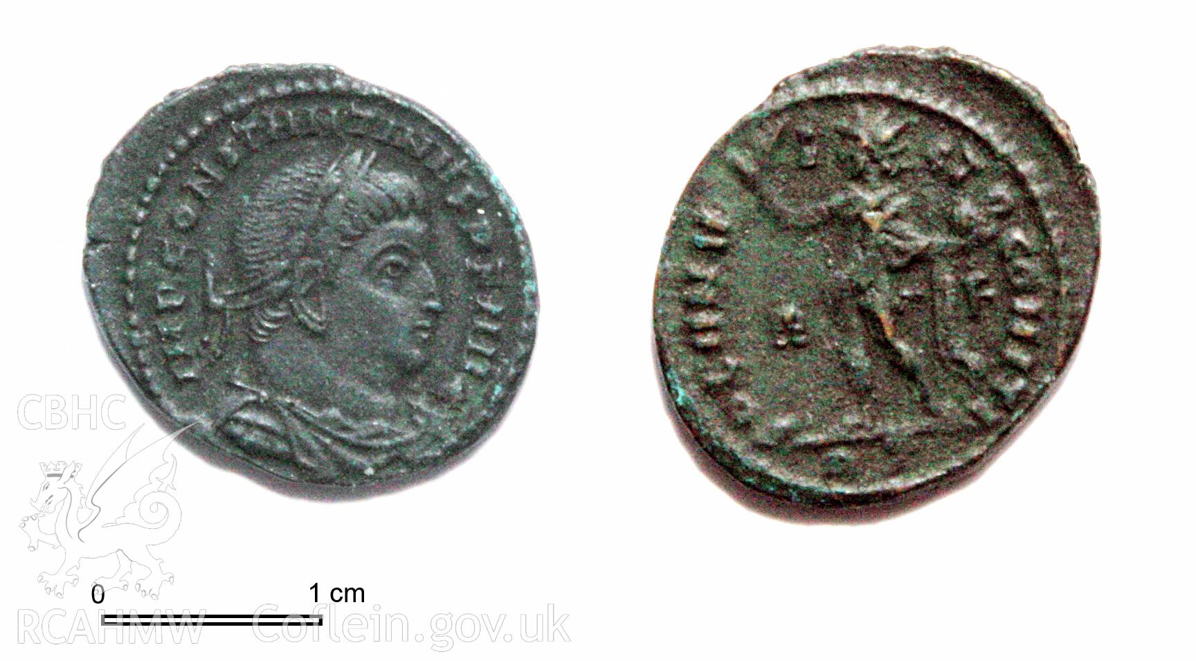 Llanafan Roman find. Fieldwork by Toby Driver (RCAHMW) and Jeffrey L. Davies. Photograph of Roman coin, SOLI INVICTO COMITI issue of Constantine I, of the Mint of Rome, issued in AD 313