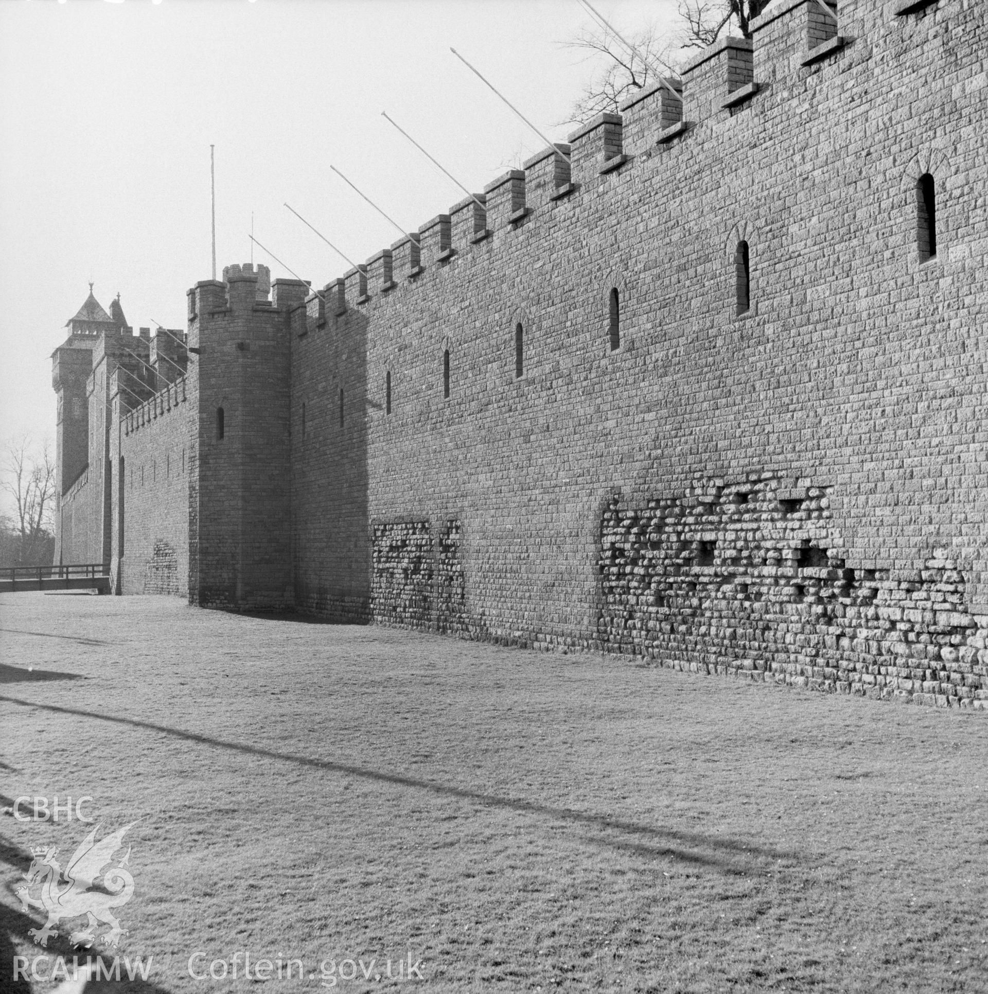 Digital copy of a black and white negative showing south wall of Cardiff Castle, taken 21st February 1966.