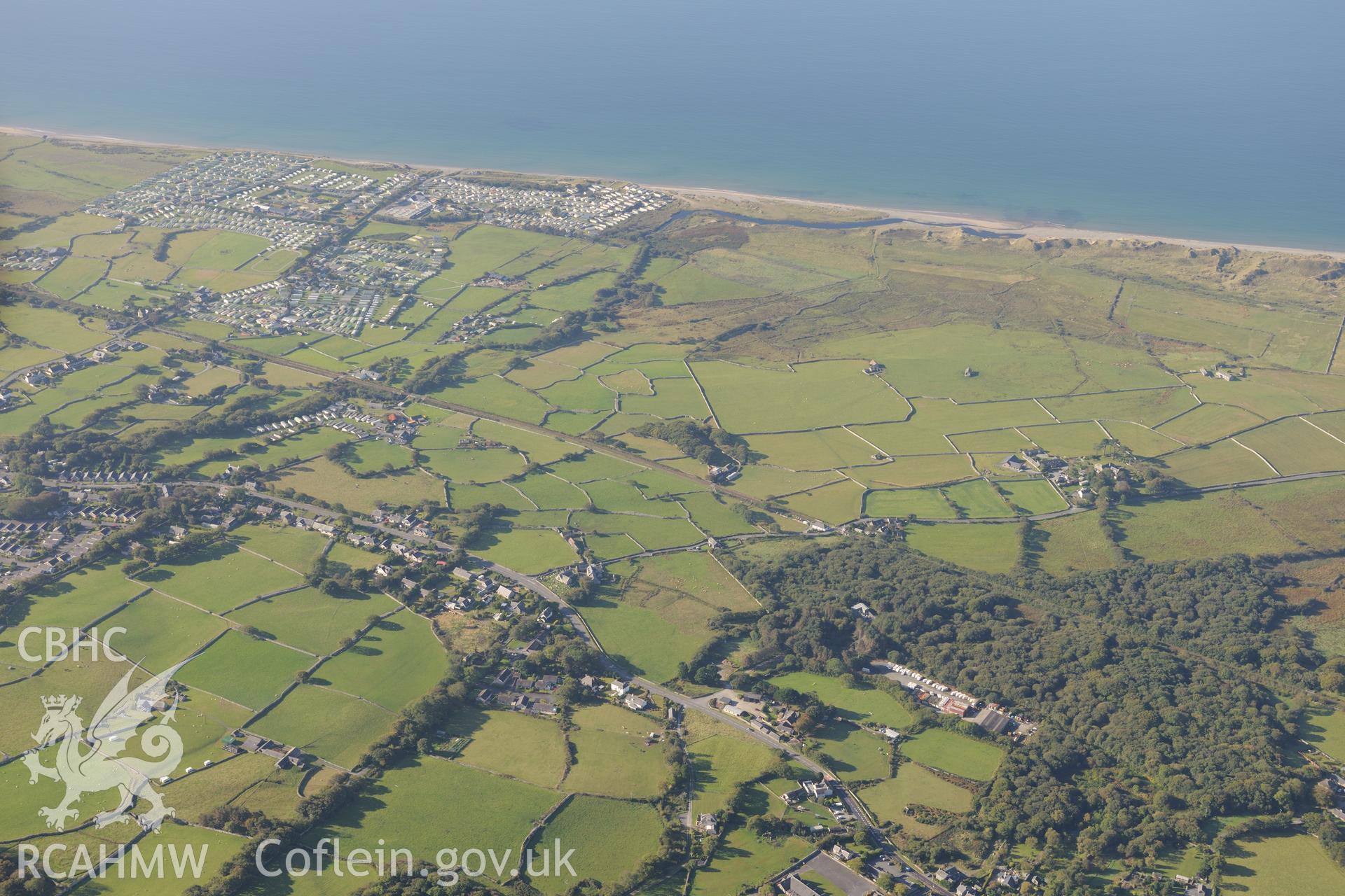 Tal-y-Bont and holiday village or caravan park, near Barmouth. Oblique aerial photograph taken during the Royal Commission's programme of archaeological aerial reconnaissance by Toby Driver on 2nd October 2015.