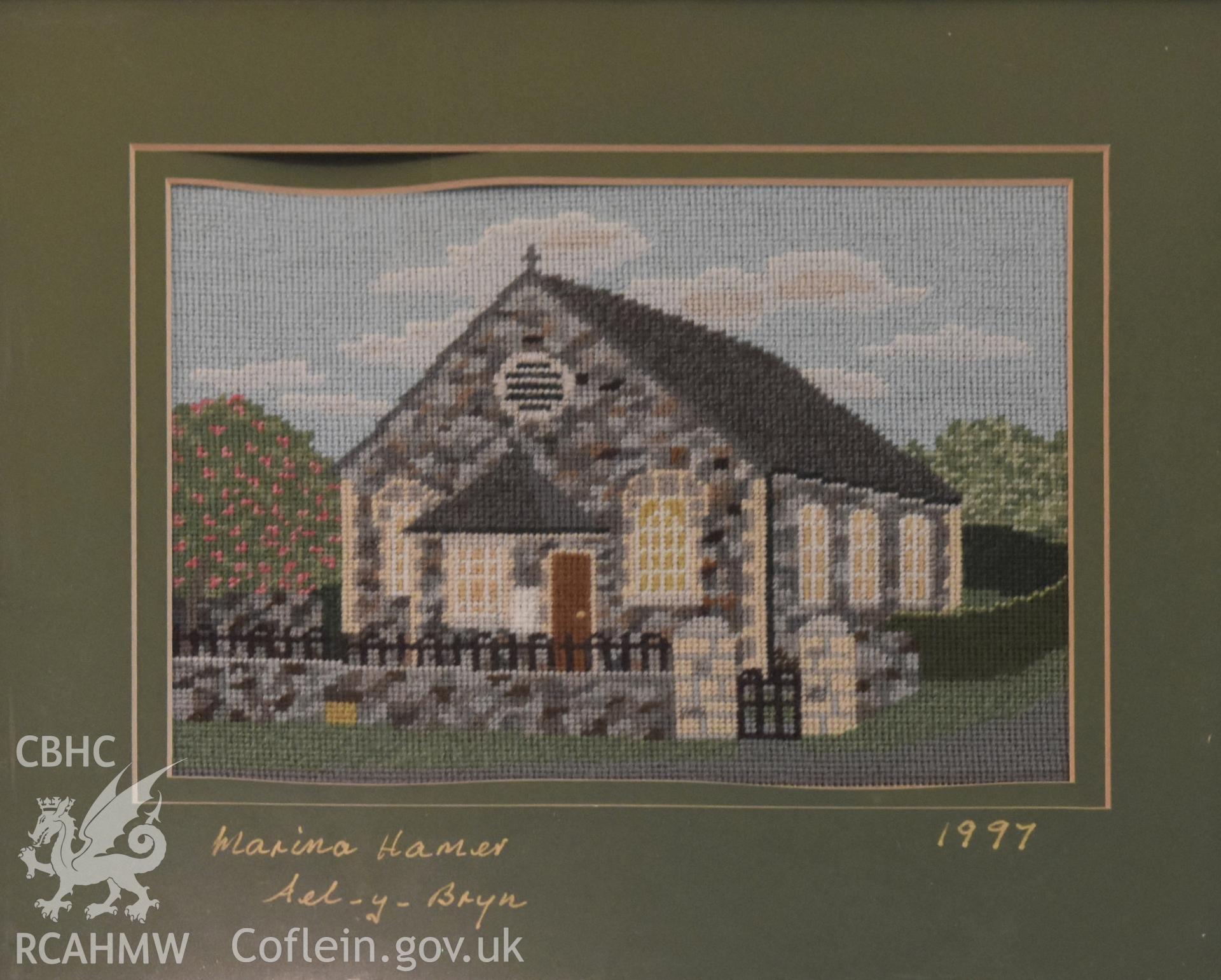 Detailed view of the tapestry of Hyssington Chapel, signed 'Marina Hamer, Ael-y-Bryn 1997' at Hyssington Primitive Methodist Chapel, Hyssington, Churchstoke. Photographic survey conducted by Sue Fielding on 7th December 2018.