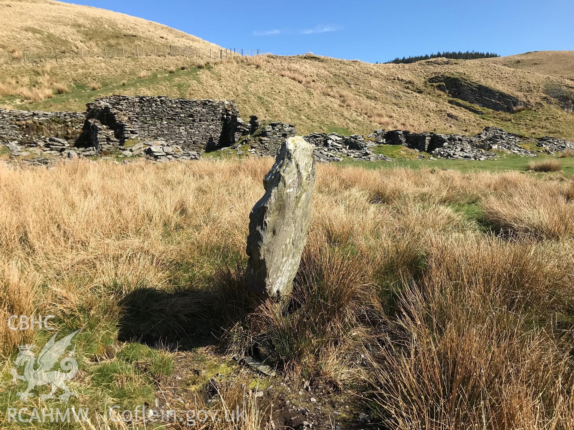 Digital colour photograph of standing stone at Esgair Hir Mine, south of Banc Bwlchygarreg, east of Tal-y-bont, Aberystwyth, taken by Paul R. Davis on 29th March 2019.